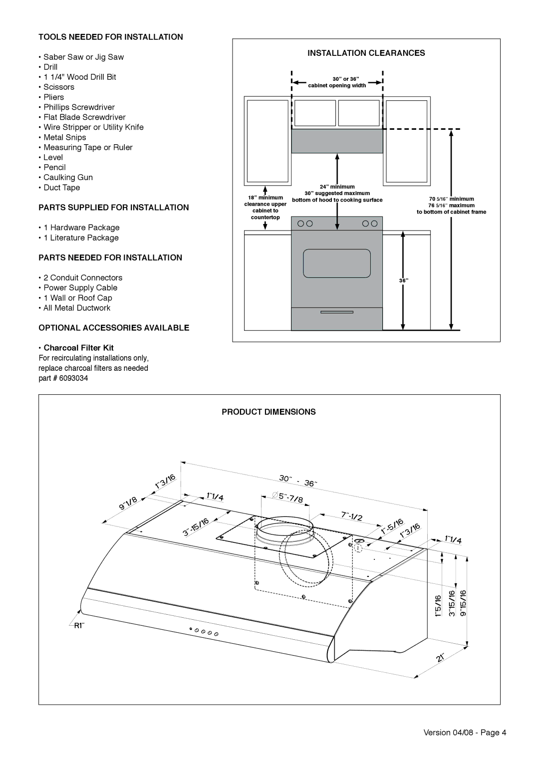 Faber Cabinet Rangehood installation instructions Parts Supplied for Installation 