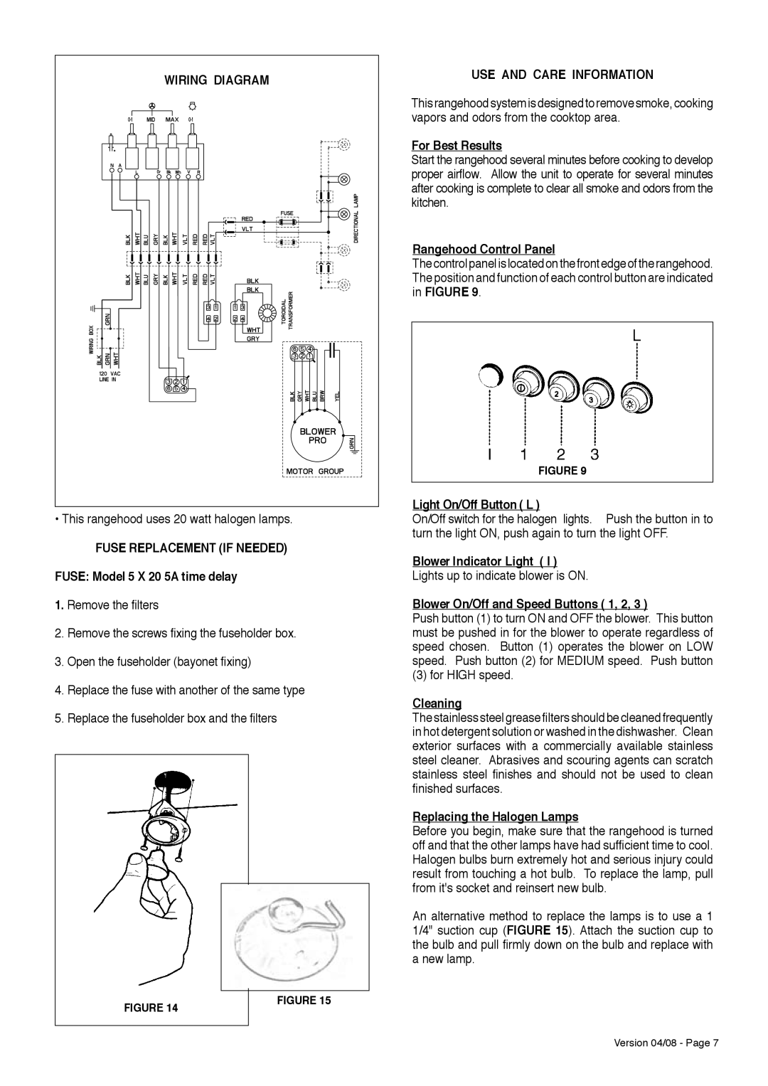 Faber Cabinet Rangehood installation instructions Fuse Replacement if Needed, USE and Care Information 