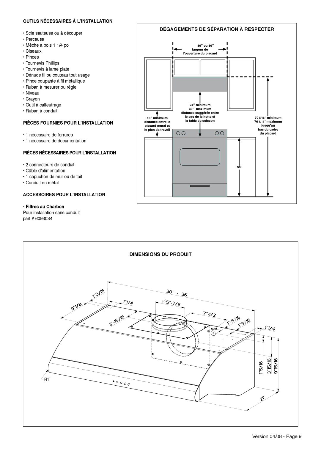 Faber Cabinet Rangehood installation instructions Pièces Fournies Pour L’INSTALLATION 