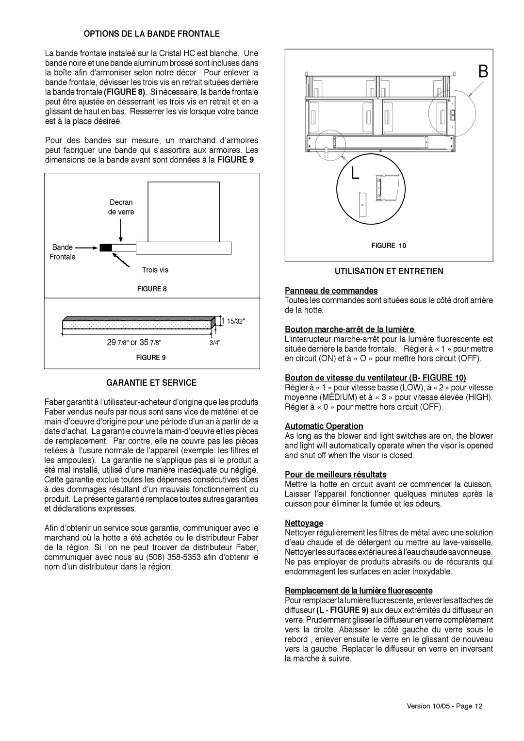 Faber CRISTAL HC installation instructions Garantie ET Service, Utilisation ET Entretien 