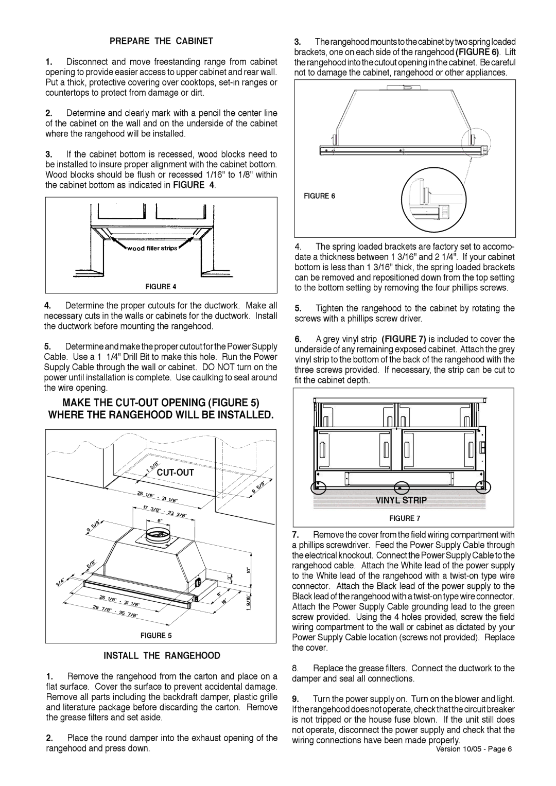 Faber CRISTAL HC installation instructions Prepare the Cabinet, Install the Rangehood, Vinyl Strip 