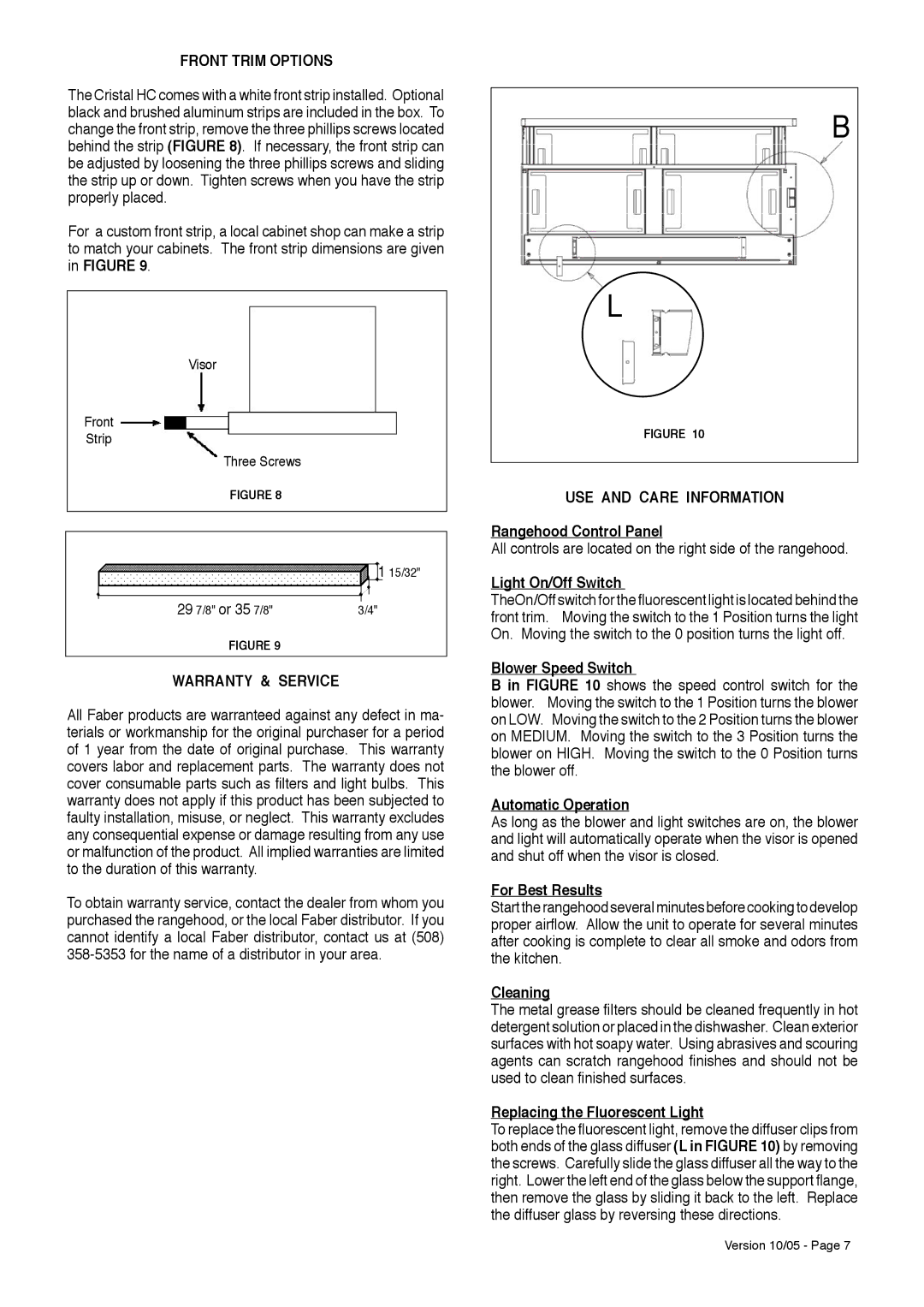 Faber CRISTAL HC installation instructions Warranty & Service, USE and Care Information 