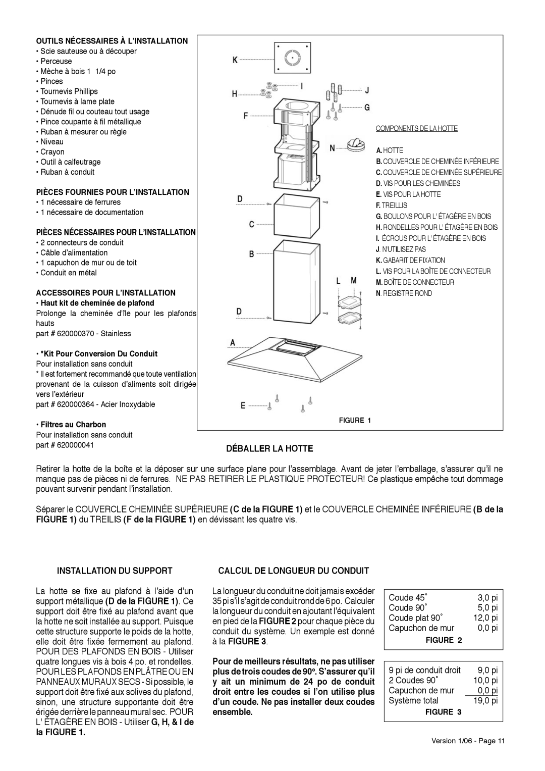 Faber Dama Isola installation instructions Déballer LA Hotte, Installation DU Support, Calcul DE Longueur DU Conduit 