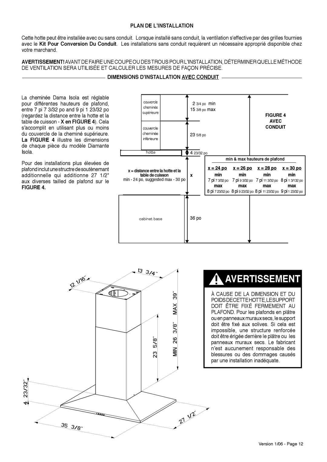 Faber Dama Isola installation instructions Plan DE L’INSTALLATION, Dimensions D’INSTALLATION Avec Conduit, Min, 36 po 