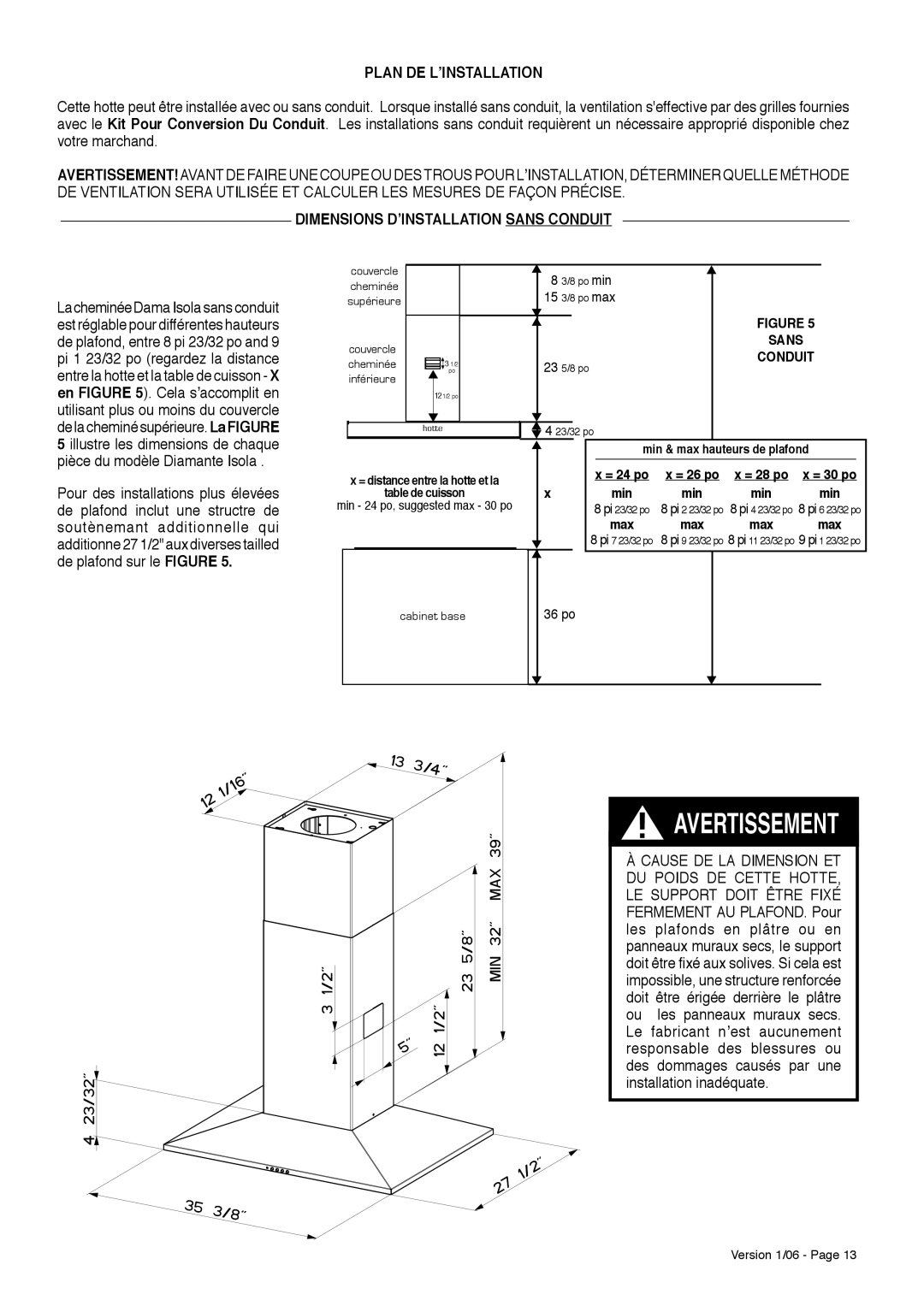 Faber Dama Isola installation instructions Dimensions D’INSTALLATION Sans Conduit, Table de cuisson 