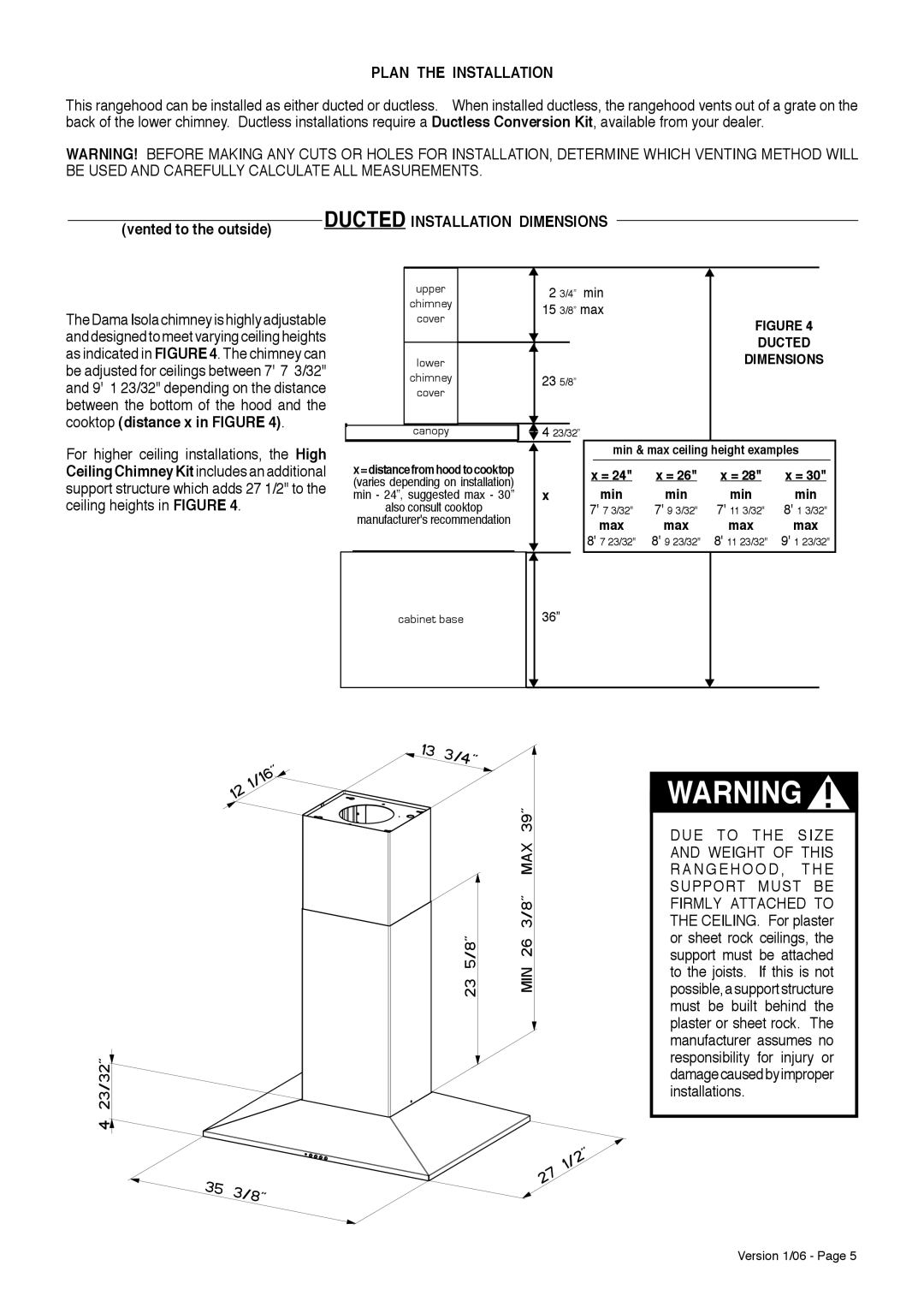 Faber Dama Isola installation instructions Plan the Installation, Vented to the outside, 4 min, 15 3/8 max 