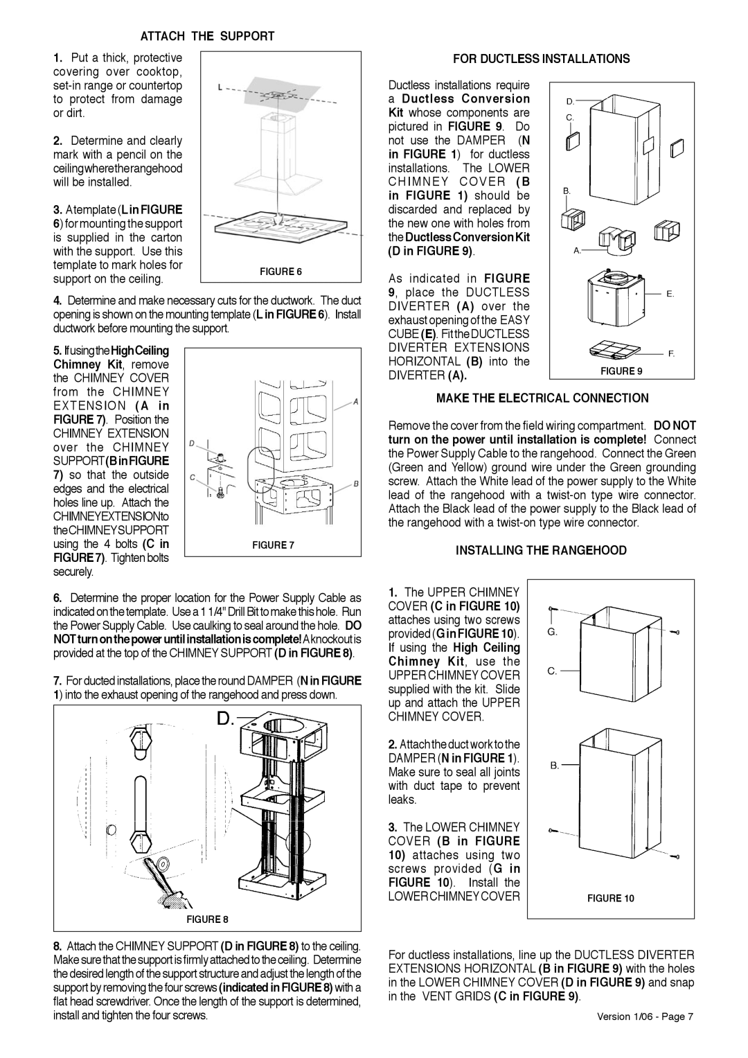 Faber Dama Isola Attach the Support, For Ductless Installations, Make the Electrical Connection, Installing the Rangehood 