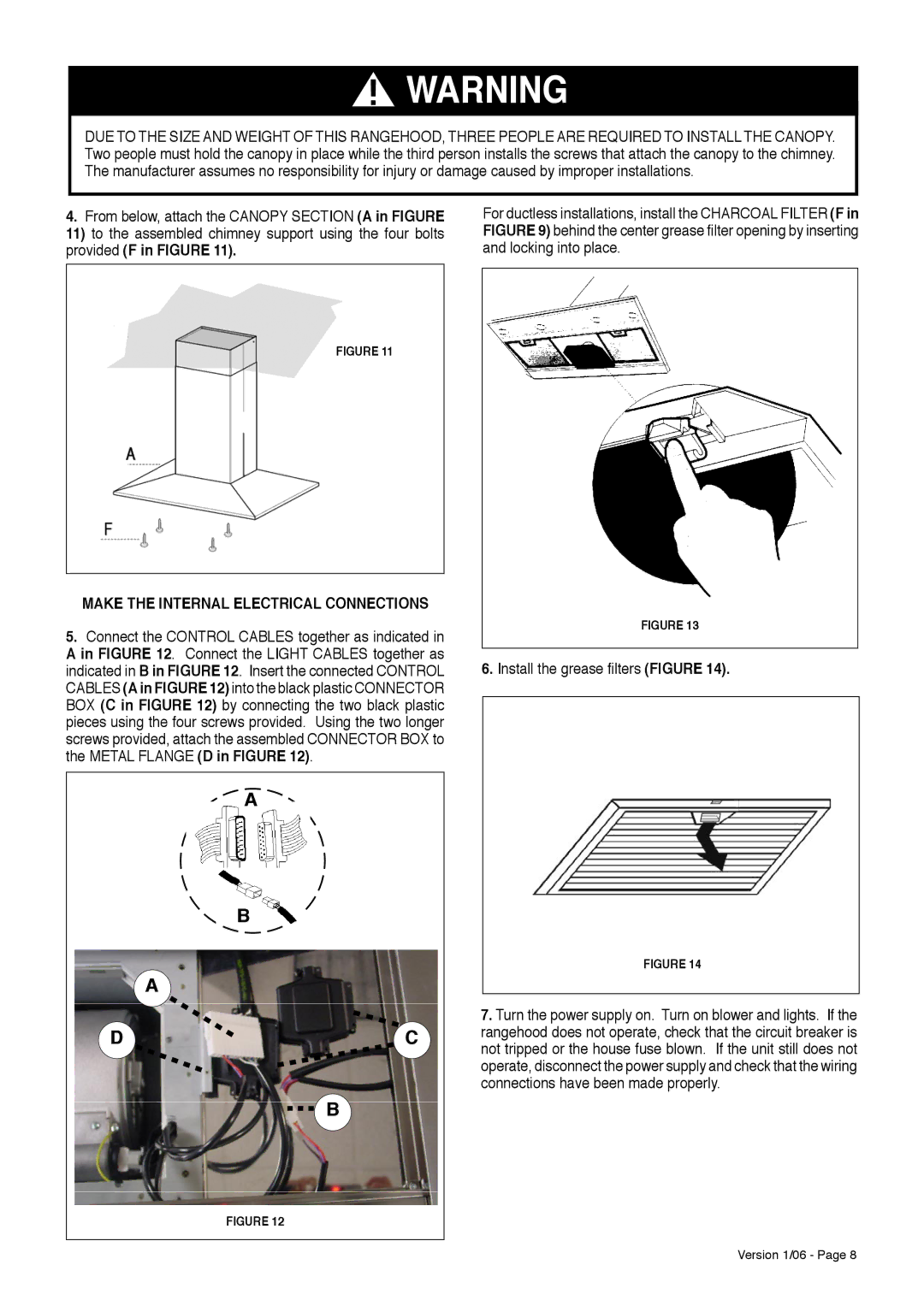 Faber Dama Isola installation instructions Make the Internal Electrical Connections, Install the grease ﬁlters Figure 