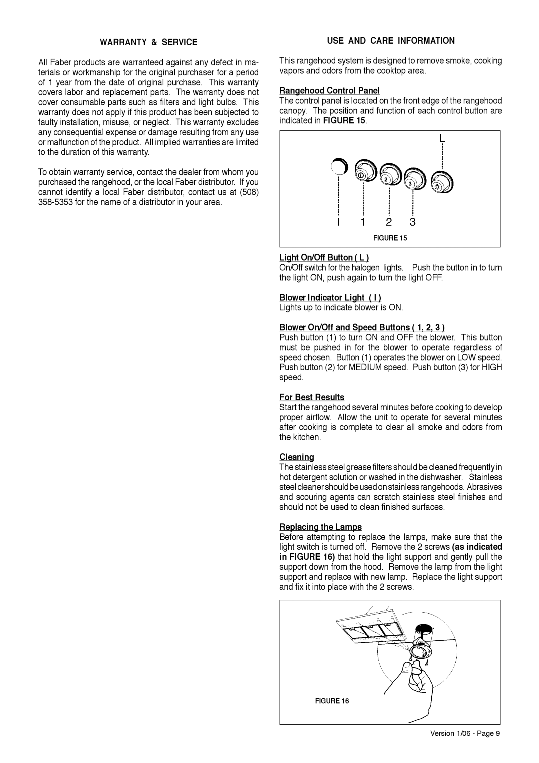 Faber Dama Isola installation instructions Warranty & Service, USE and Care Information 