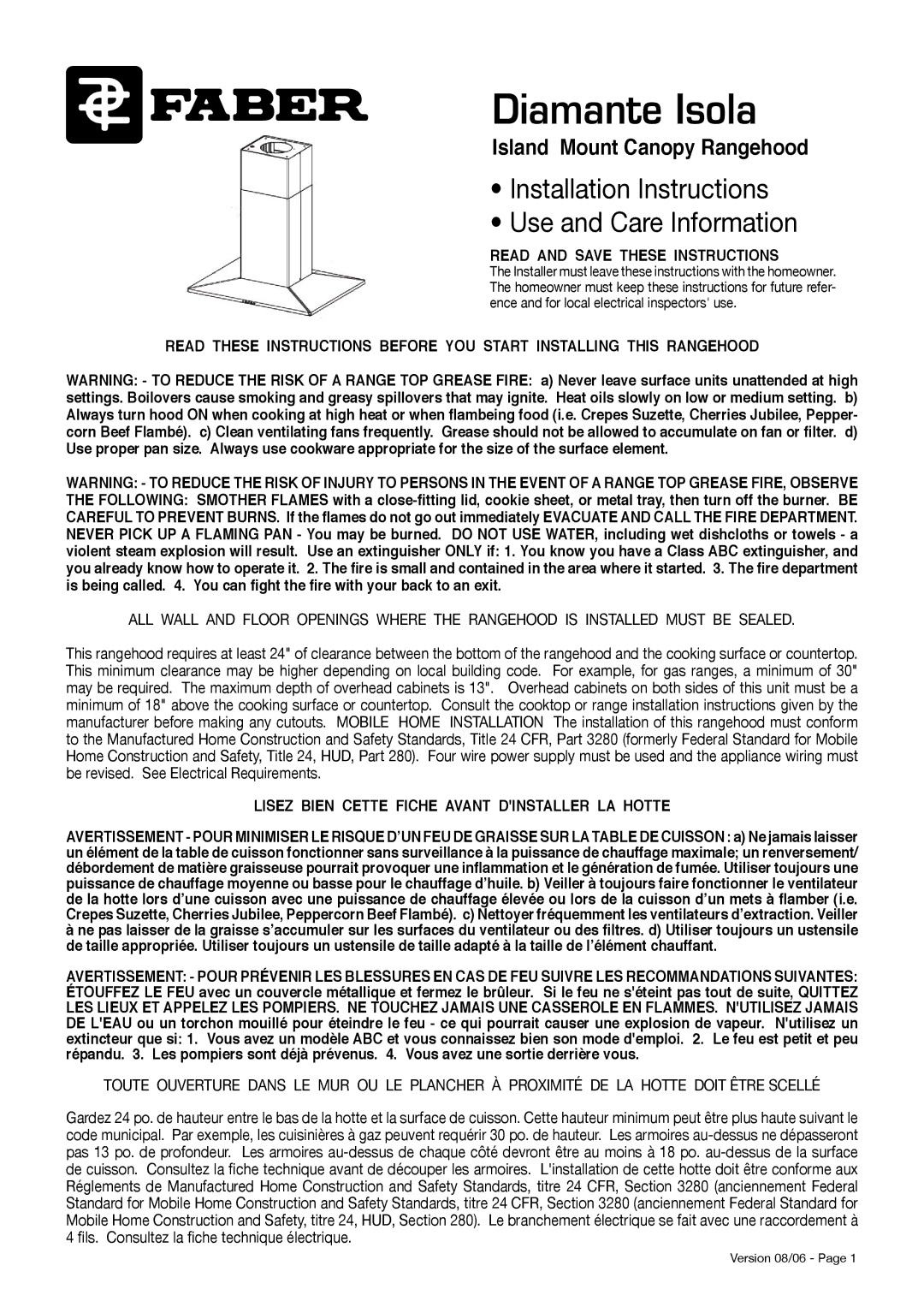 Faber Diamante Isola manual Read and Save These Instructions, Lisez Bien Cette Fiche Avant Dinstaller LA Hotte 