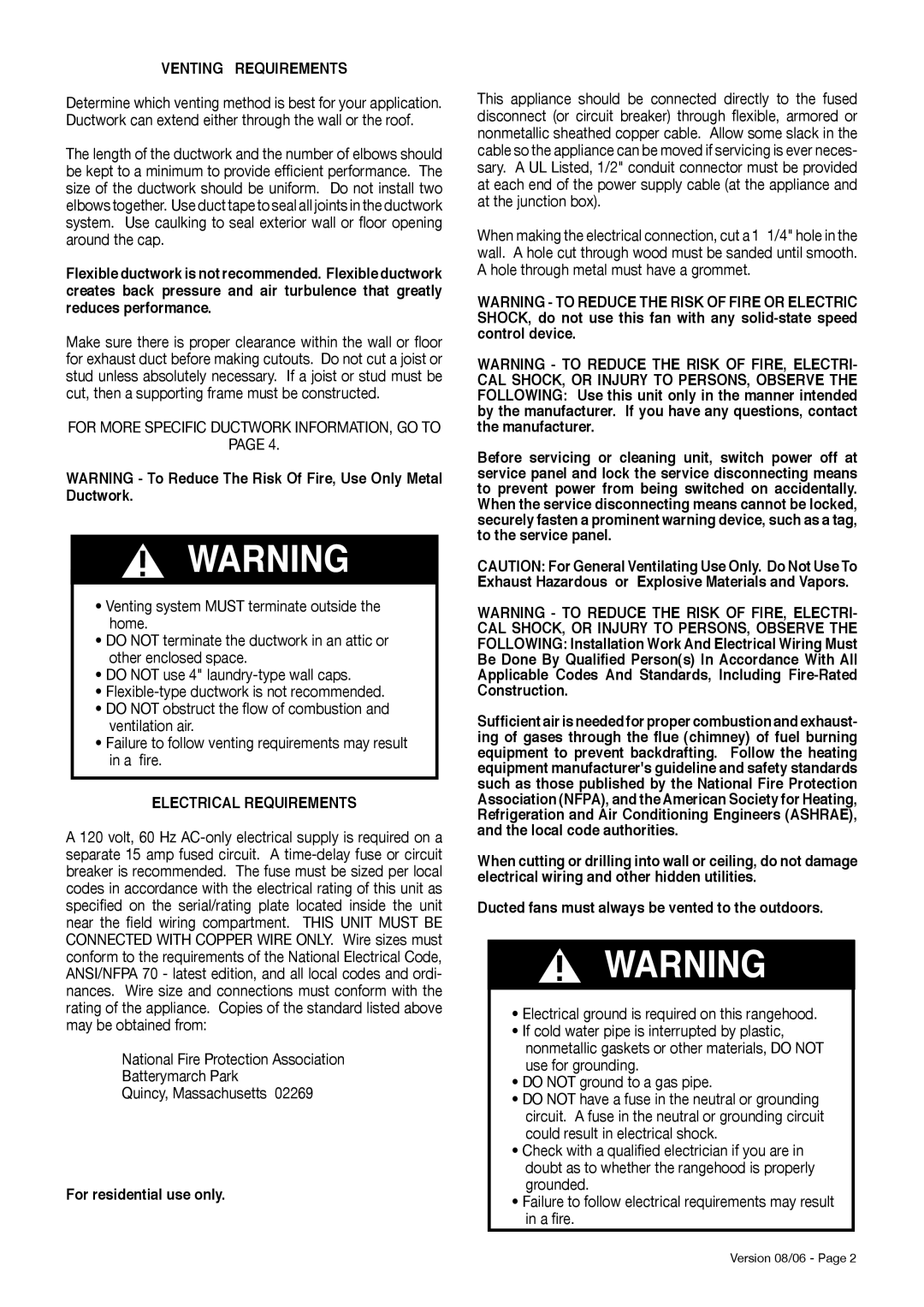 Faber Diamante Isola manual Venting Requirements, Electrical Requirements, For residential use only 