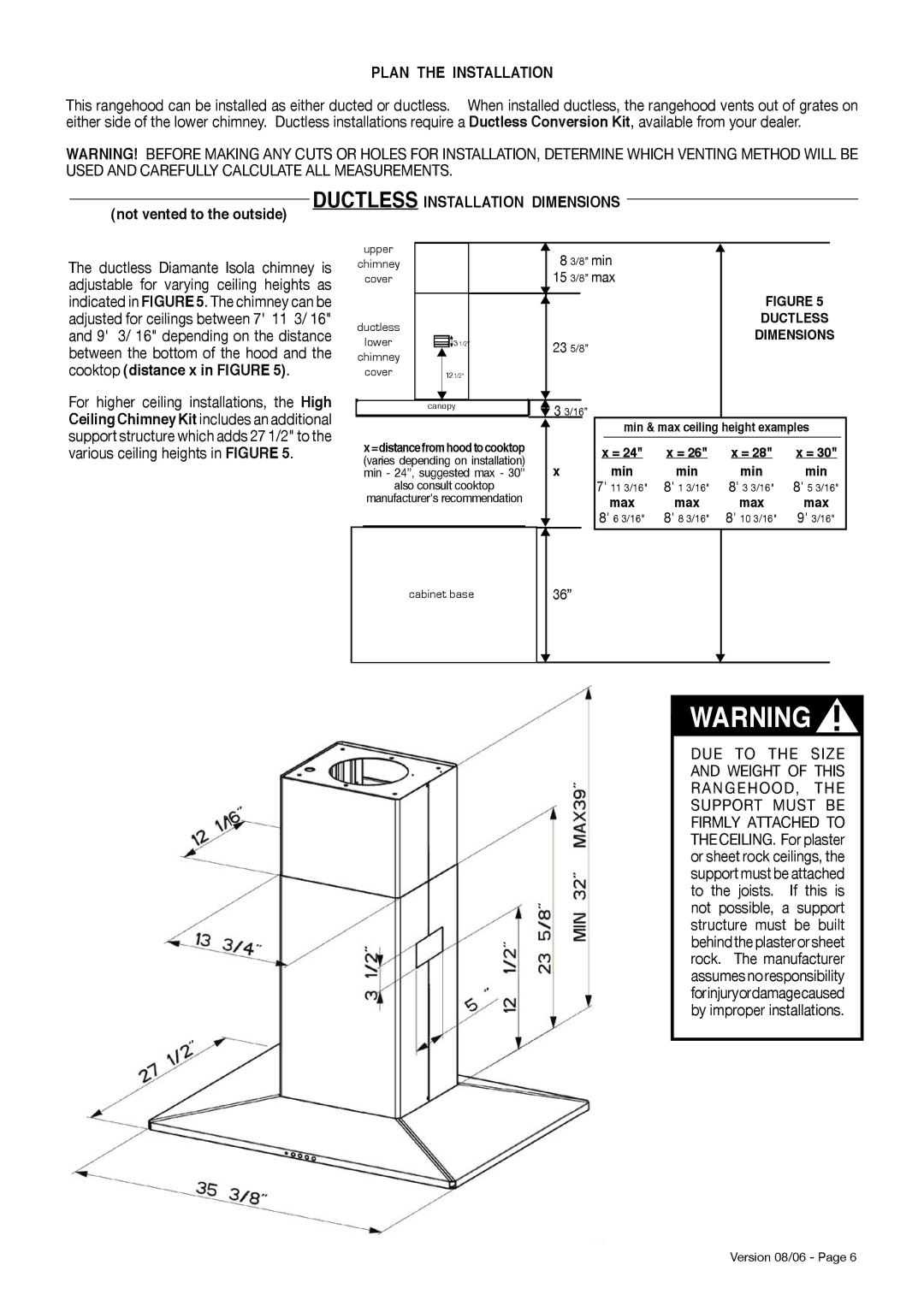 Faber Diamante Isola manual Not vented to the outside, 15 3/8 max 