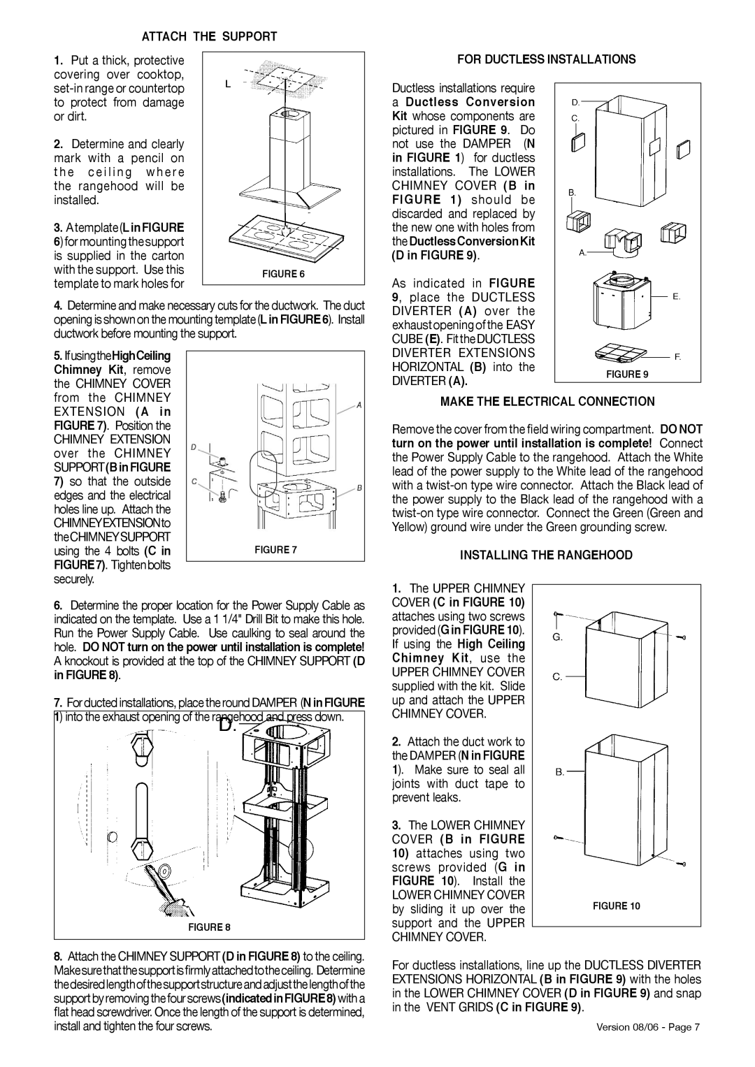 Faber Diamante Isola Attach the Support, AtemplateLinFIGURE, For Ductless Installations, Make the Electrical Connection 