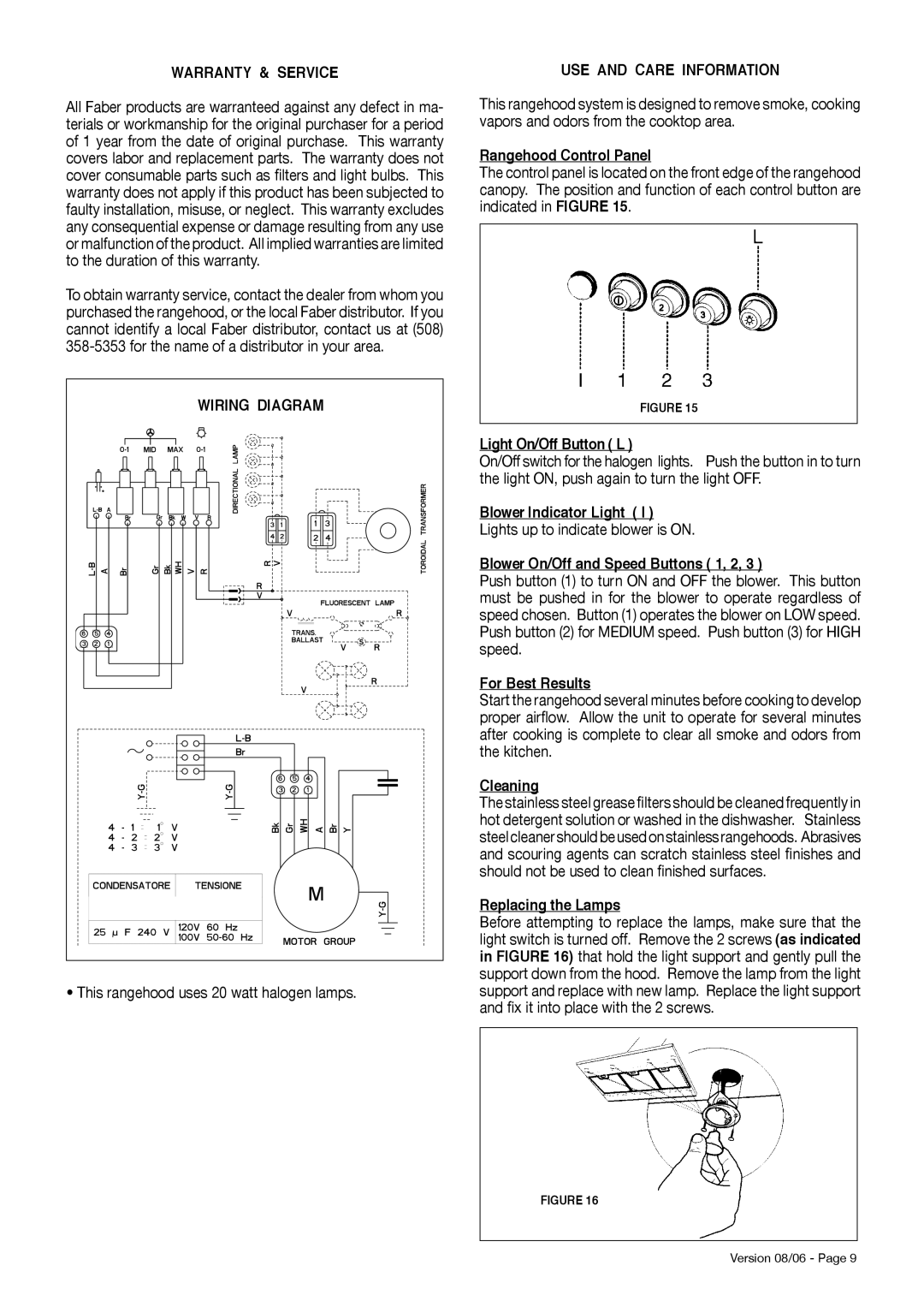 Faber Diamante Isola manual Warranty & Service, USE and Care Information 