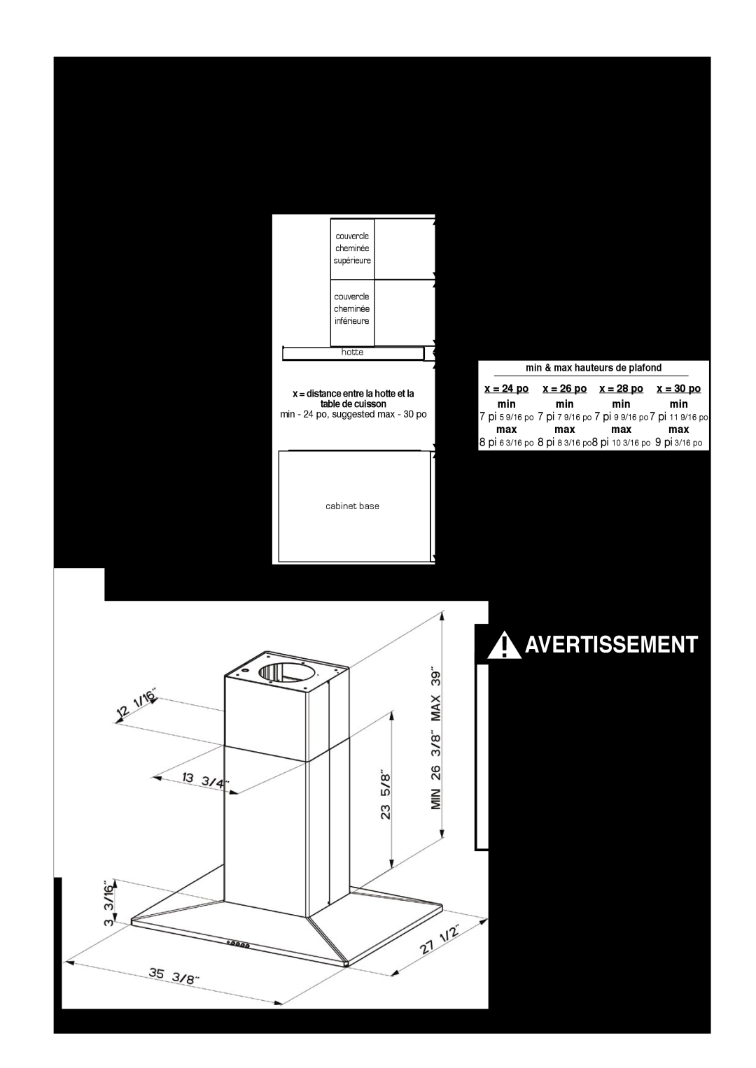 Faber Diamante Isola manual Avertissement, Plan De L’Installation, Dimensions D’Installation Avec Conduit 