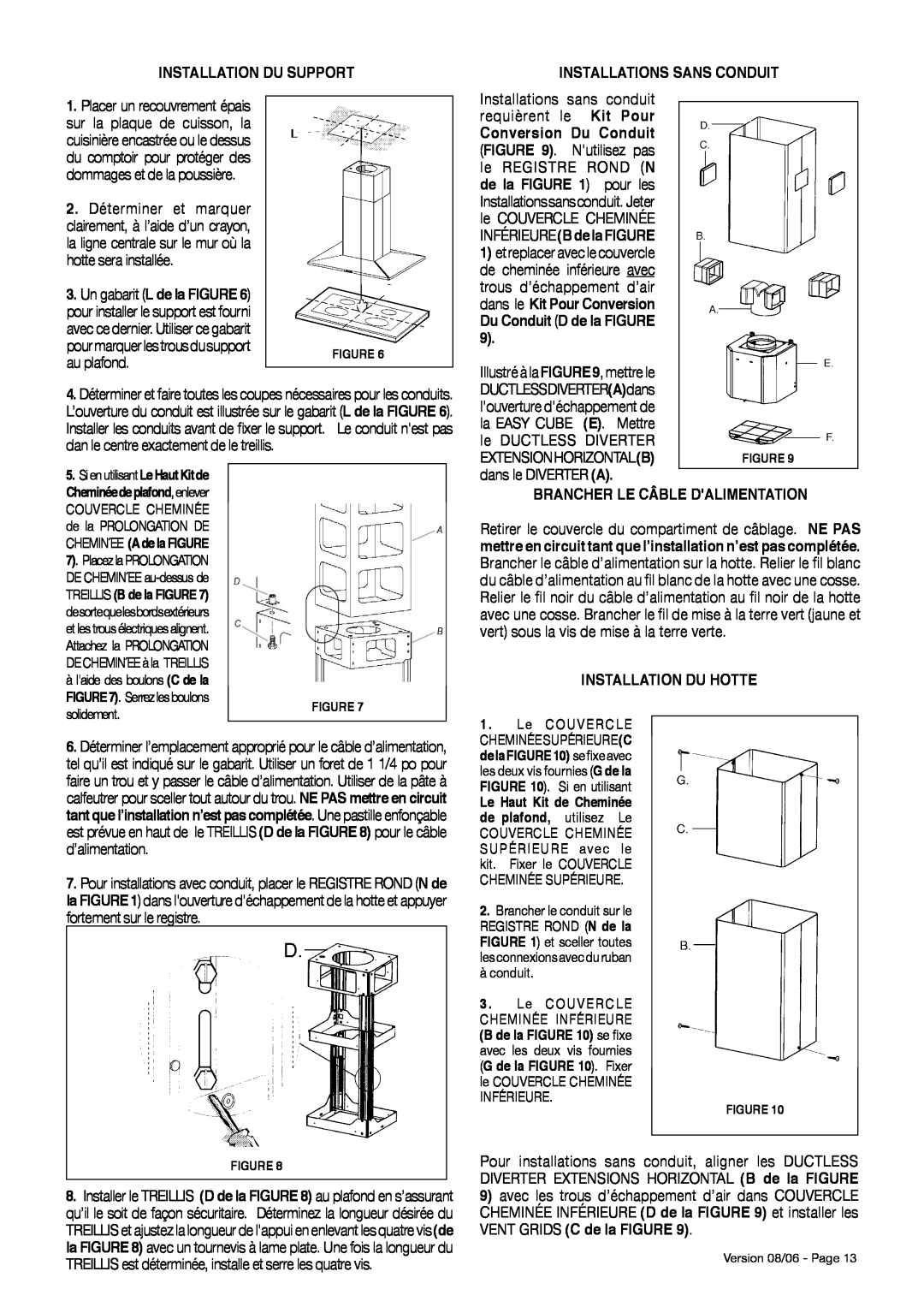 Faber Diamante Isola manual Installations Sans Conduit, Brancher Le Câble Dalimentation, Installation Du Hotte, au plafond 