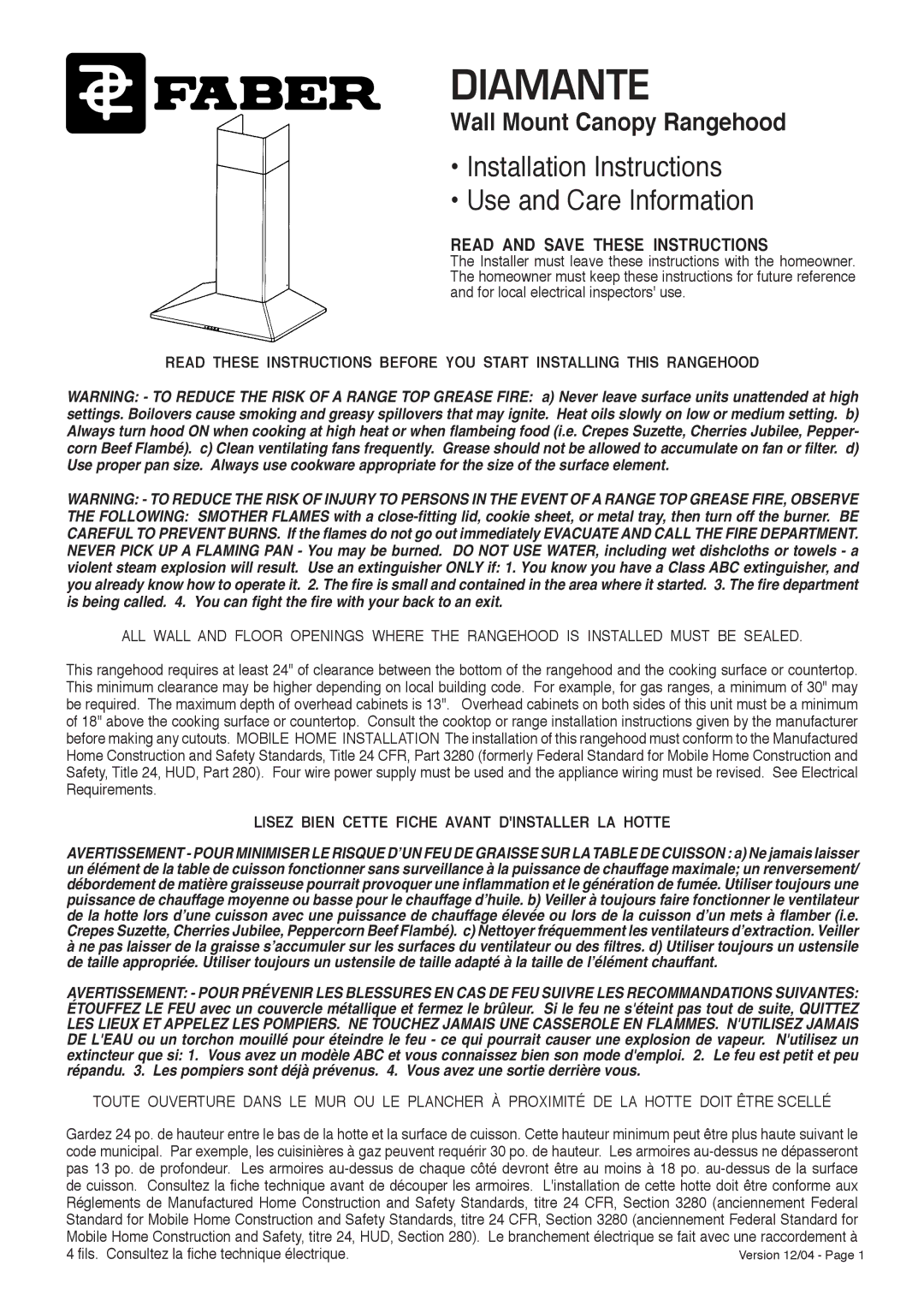 Faber Diamante installation instructions Lisez Bien Cette Fiche Avant Dinstaller LA Hotte 