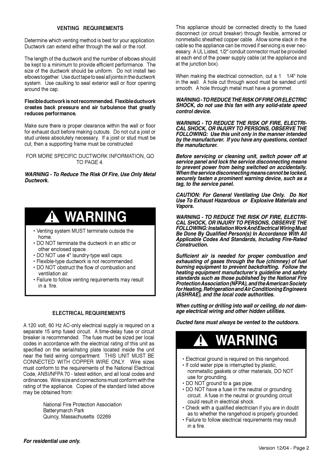 Faber Diamante Venting Requirements, Electrical Requirements, For residential use only, Version 12/04 