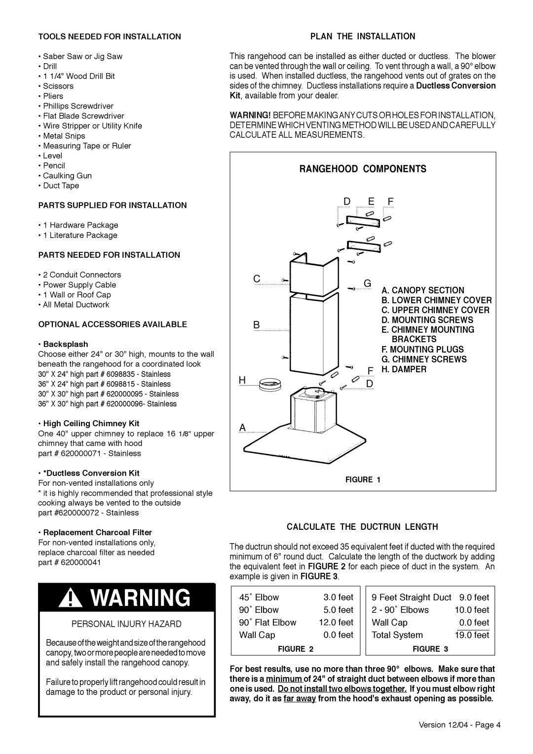 Faber Diamante installation instructions Plan the Installation, Hardware Package Literature Package, Feet 