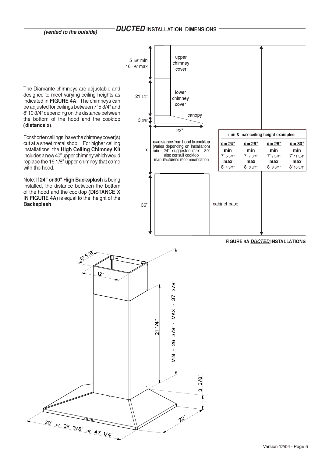 Faber Diamante installation instructions Vented to the outside, min Upper, Canopy, Cabinet base 