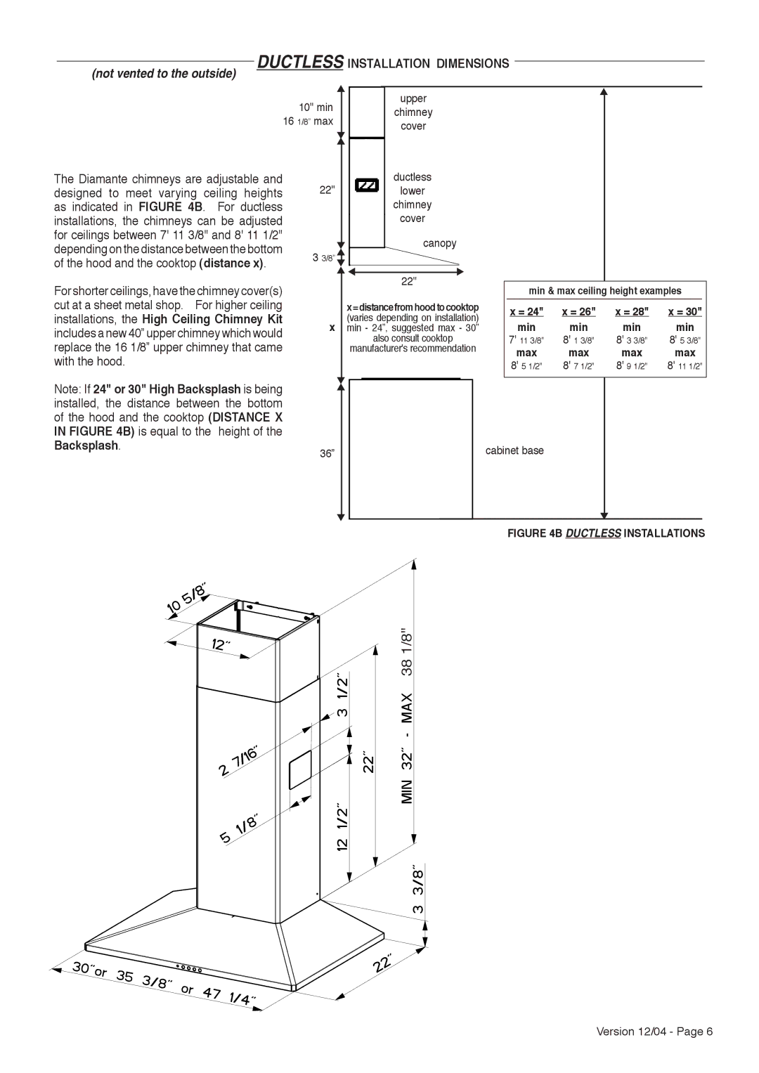 Faber Diamante installation instructions Not vented to the outside, Ductless Installation Dimensions 