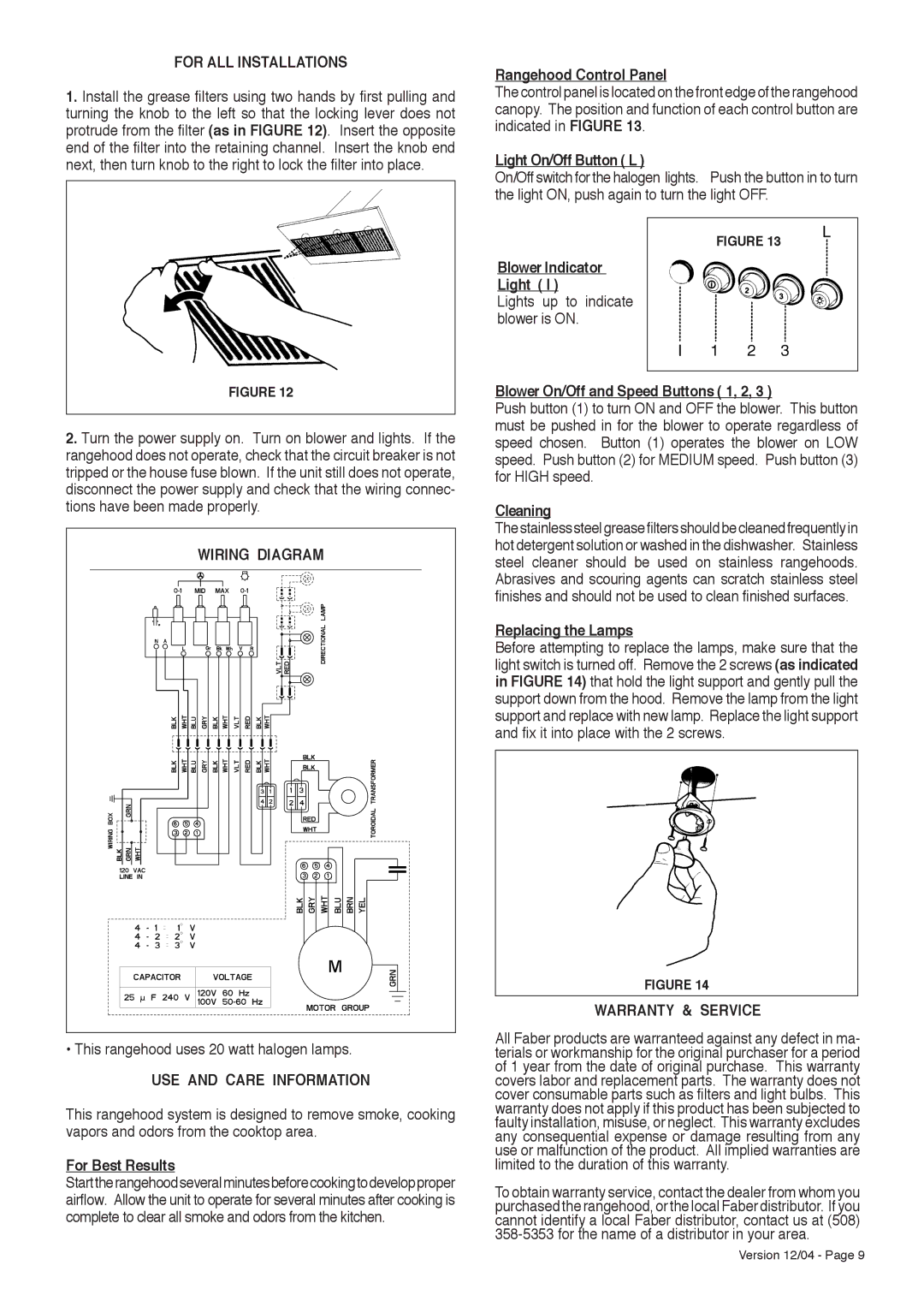 Faber Diamante installation instructions USE and Care Information, Warranty & Service 