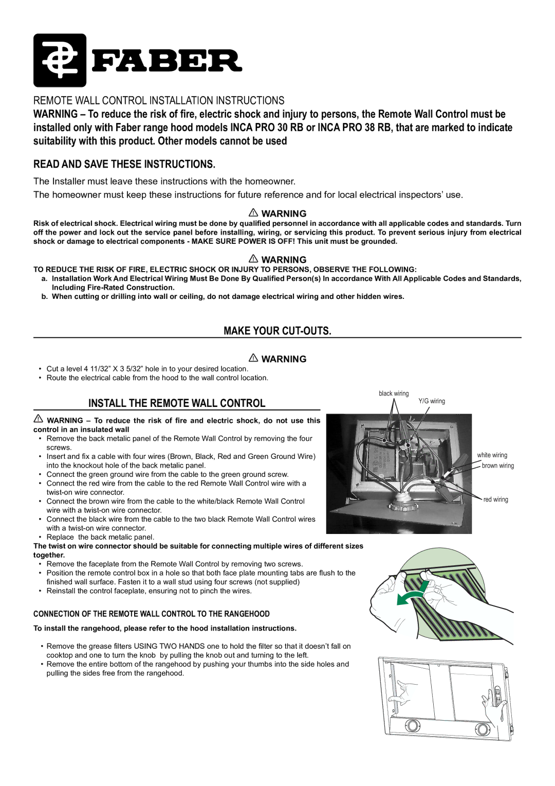 Faber INCA PRO 30 RB installation instructions Read and Save These Instructions, Make Your CUT-OUTS 