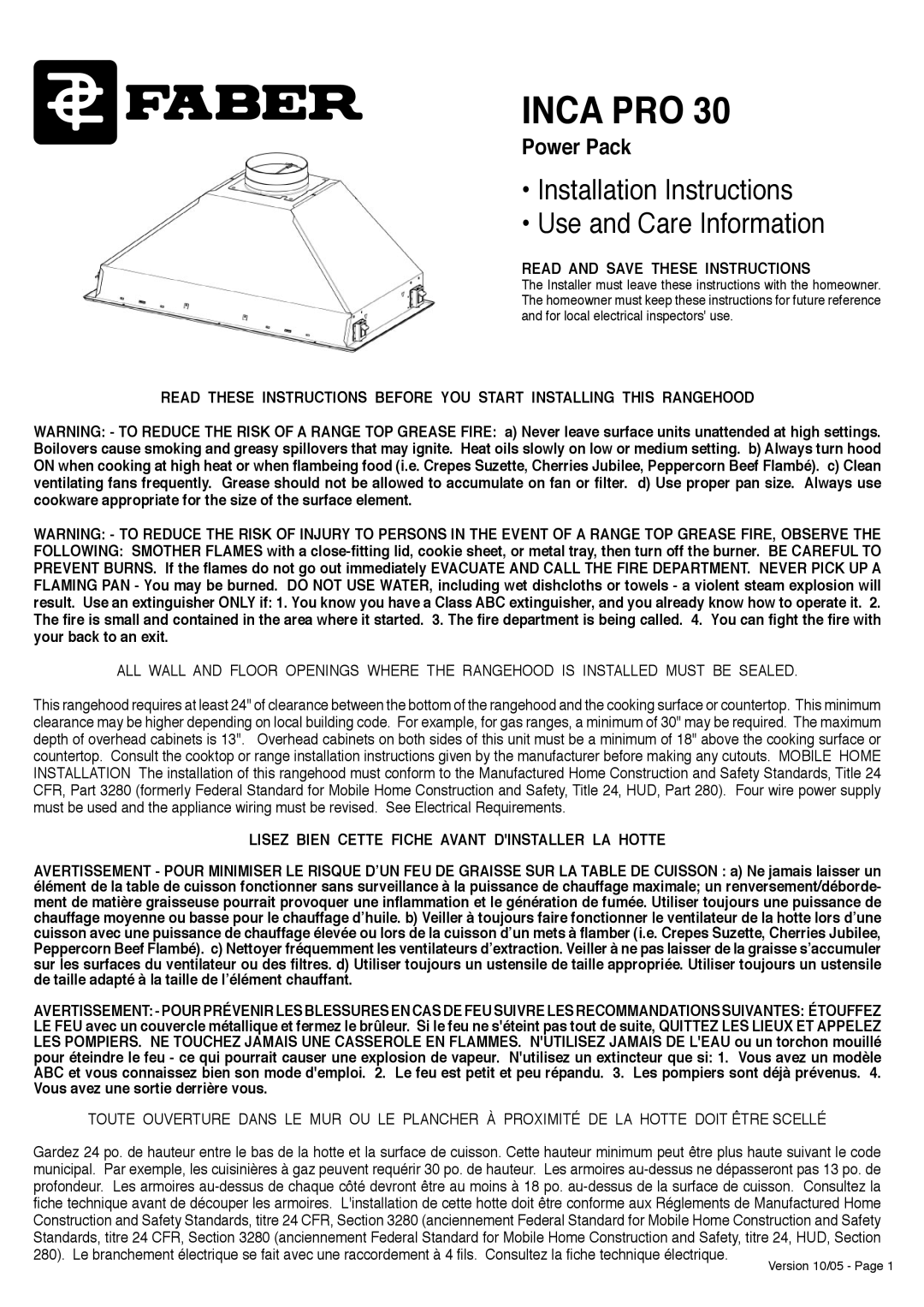 Faber Inca Pro 30 manual Read and Save These Instructions, Lisez Bien Cette Fiche Avant Dinstaller LA Hotte 