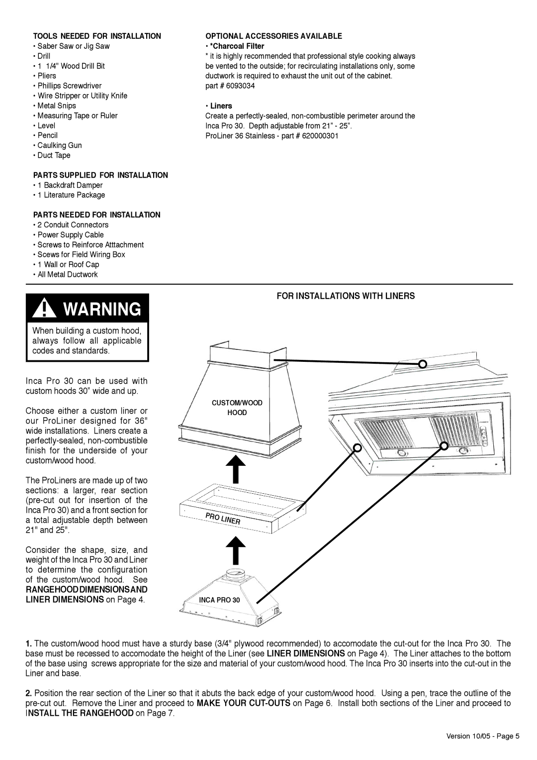 Faber Inca Pro 30 manual For Installations with Liners, Charcoal Filter 