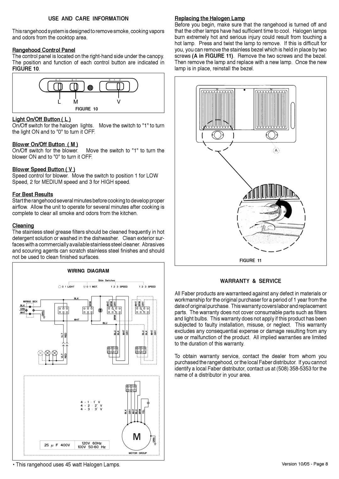 Faber Inca Pro 30 manual USE and Care Information, Warranty & Service 