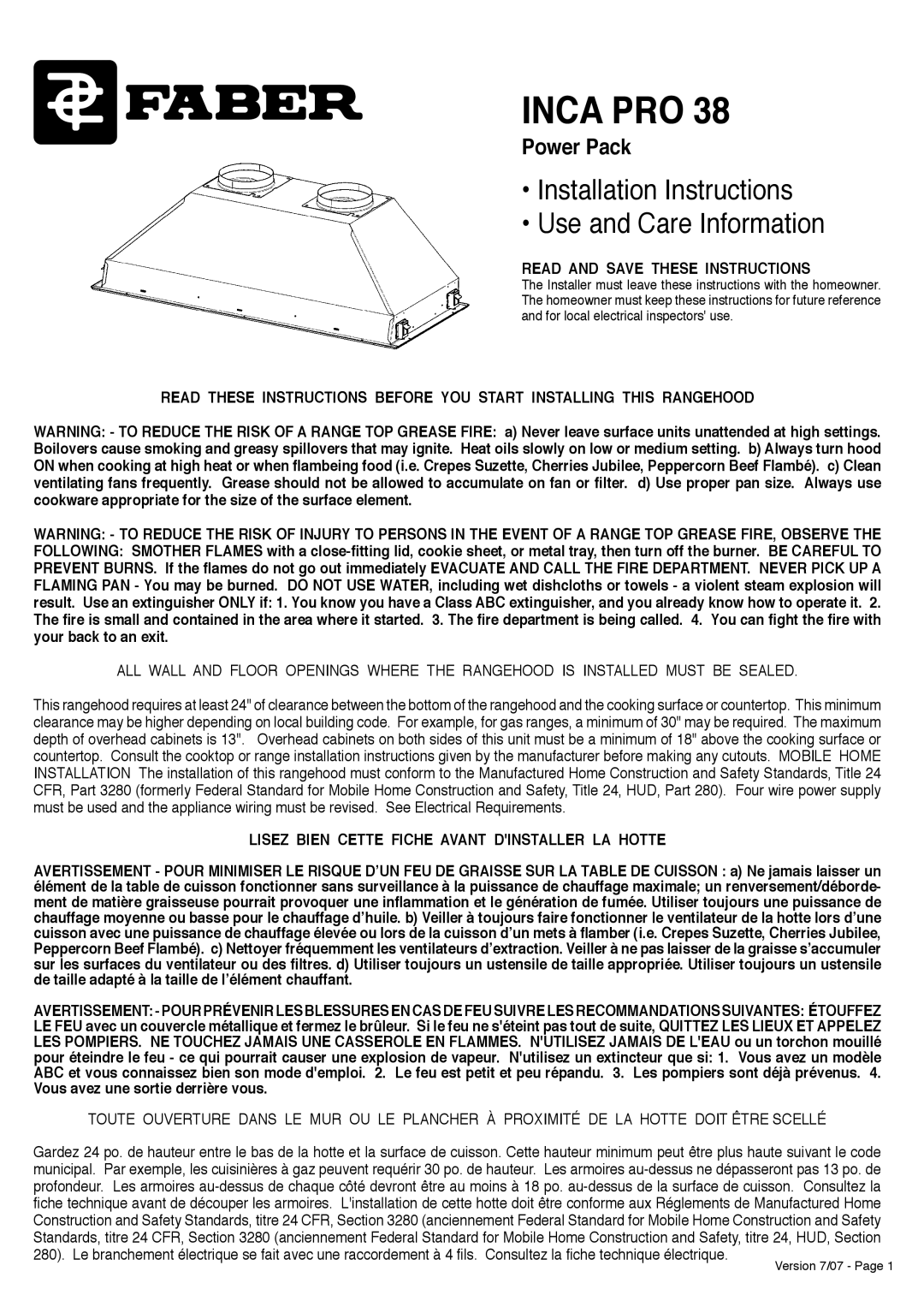 Faber Inca Pro 38 installation instructions Read and Save These Instructions 