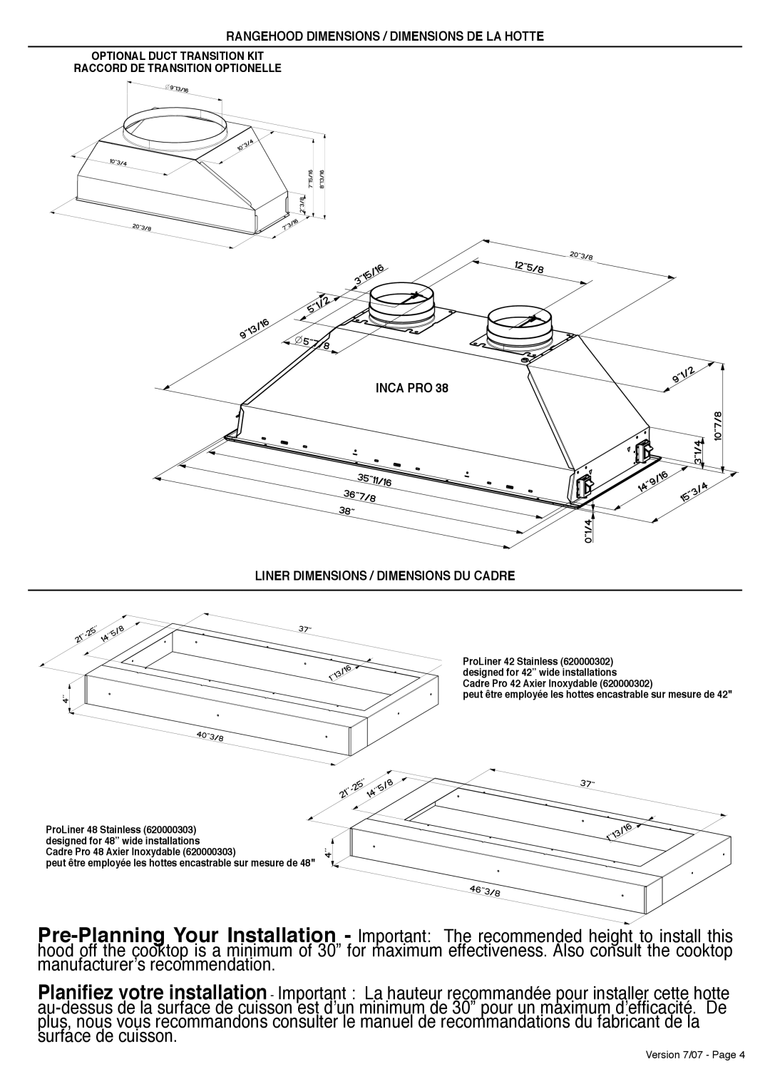 Faber Inca Pro 38 Rangehood Dimensions / Dimensions DE LA Hotte, Inca PRO Liner Dimensions / Dimensions DU Cadre 