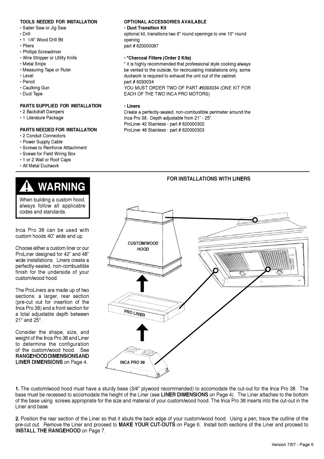 Faber Inca Pro 38 installation instructions For Installations with Liners, Duct Transition Kit 