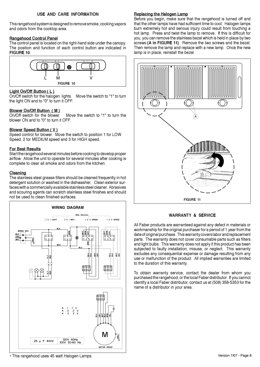 Faber Inca Pro 38 installation instructions USE and Care Information, Warranty & Service 