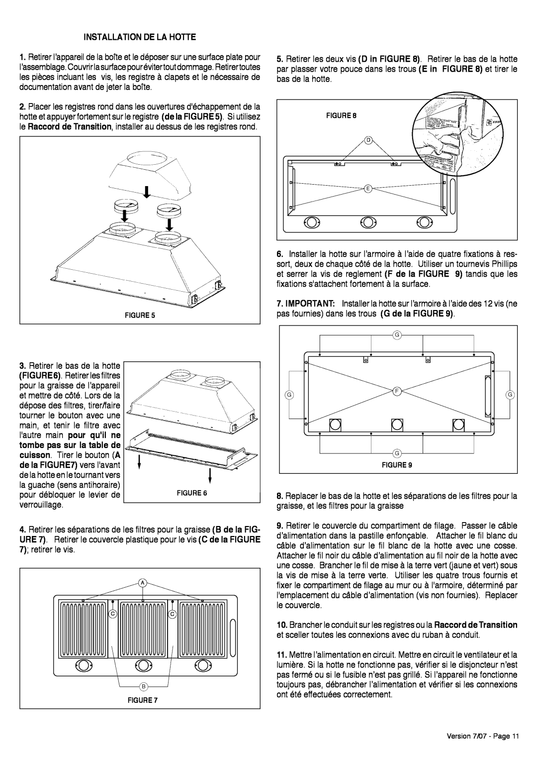 Faber Inca Pro 38 installation instructions Installation De La Hotte, tombe pas sur la table de, de la vers lavant 