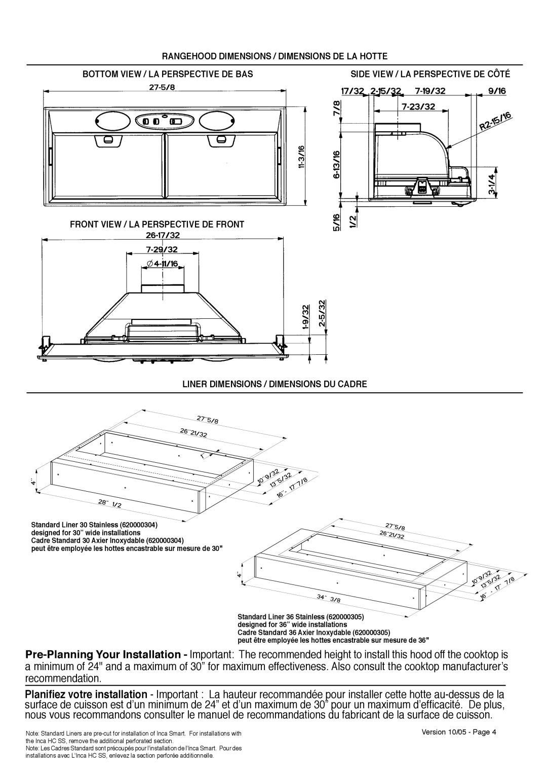 Faber INCA SMART installation instructions Side View / LA Perspective DE Côté 