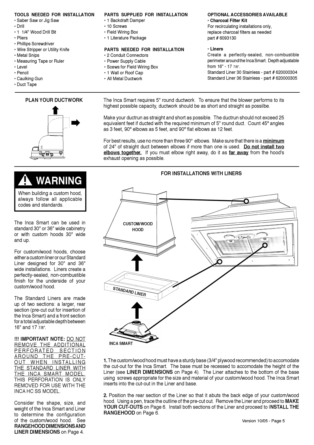 Faber INCA SMART installation instructions Plan Your Ductwork, For Installations with Liners 