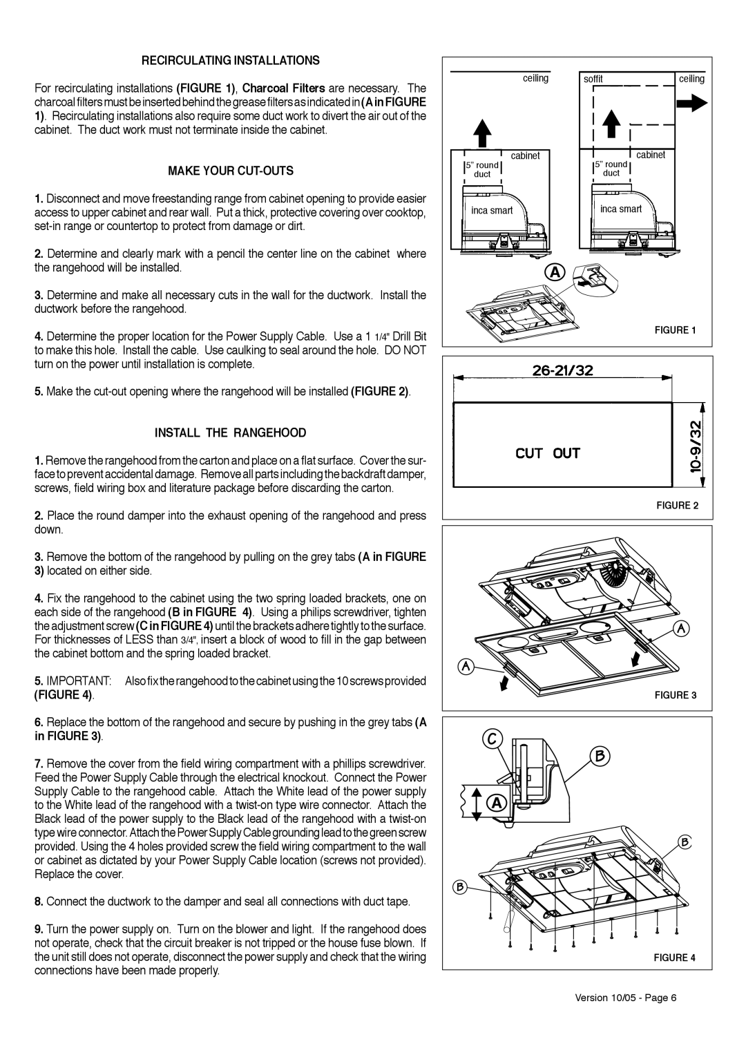 Faber INCA SMART installation instructions Recirculating Installations, Make Your CUT-OUTS, Install the Rangehood 