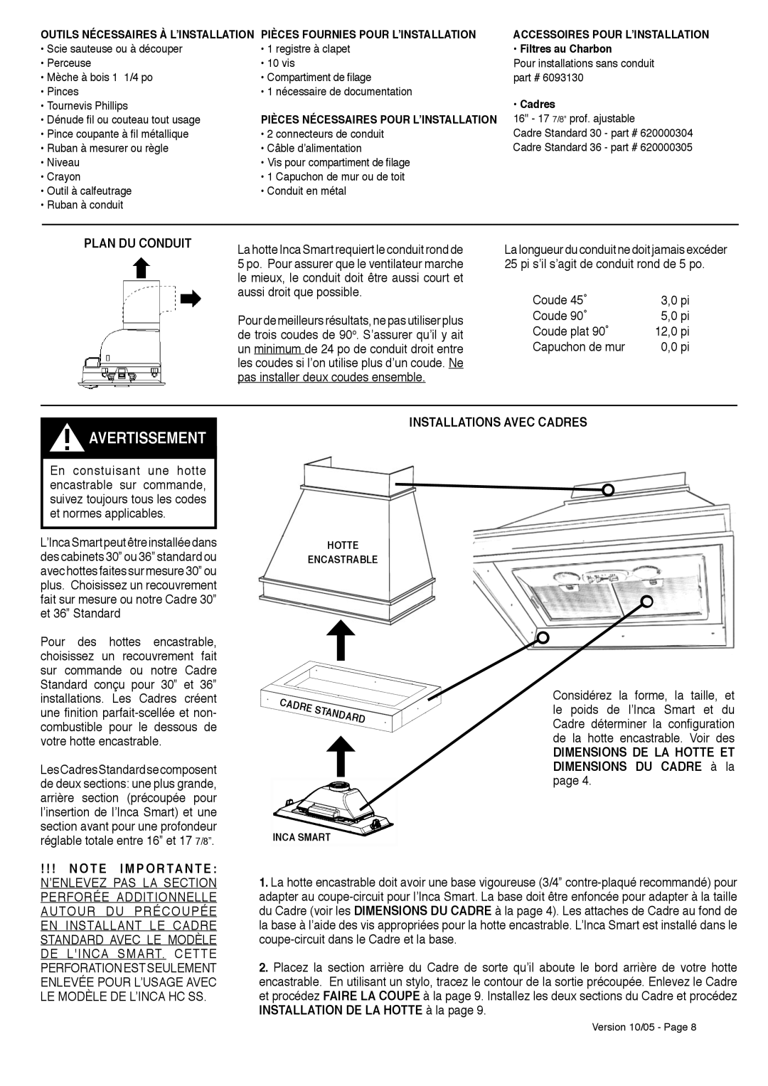 Faber INCA SMART Plan DU Conduit, Installations Avec Cadres, Dimensions DE LA Hotte ET Dimensions DU Cadre à la 