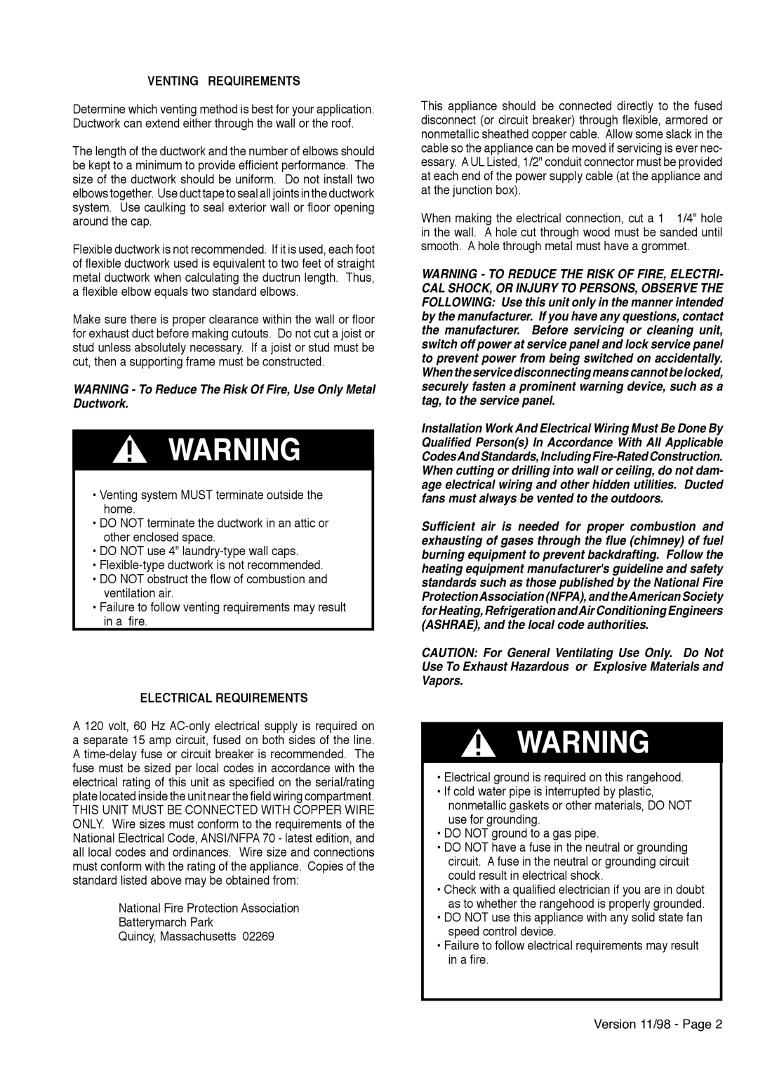 Faber INCA installation instructions Venting Requirements, Electrical Requirements 