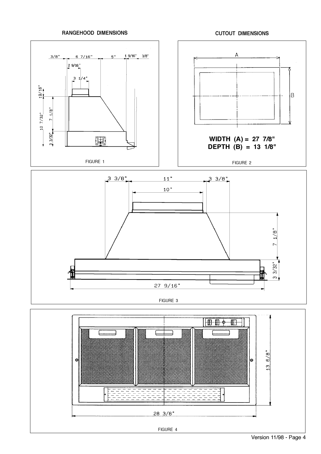 Faber INCA installation instructions Width a = 27 7/8 Depth B = 13 1/8, Rangehood Dimensions 