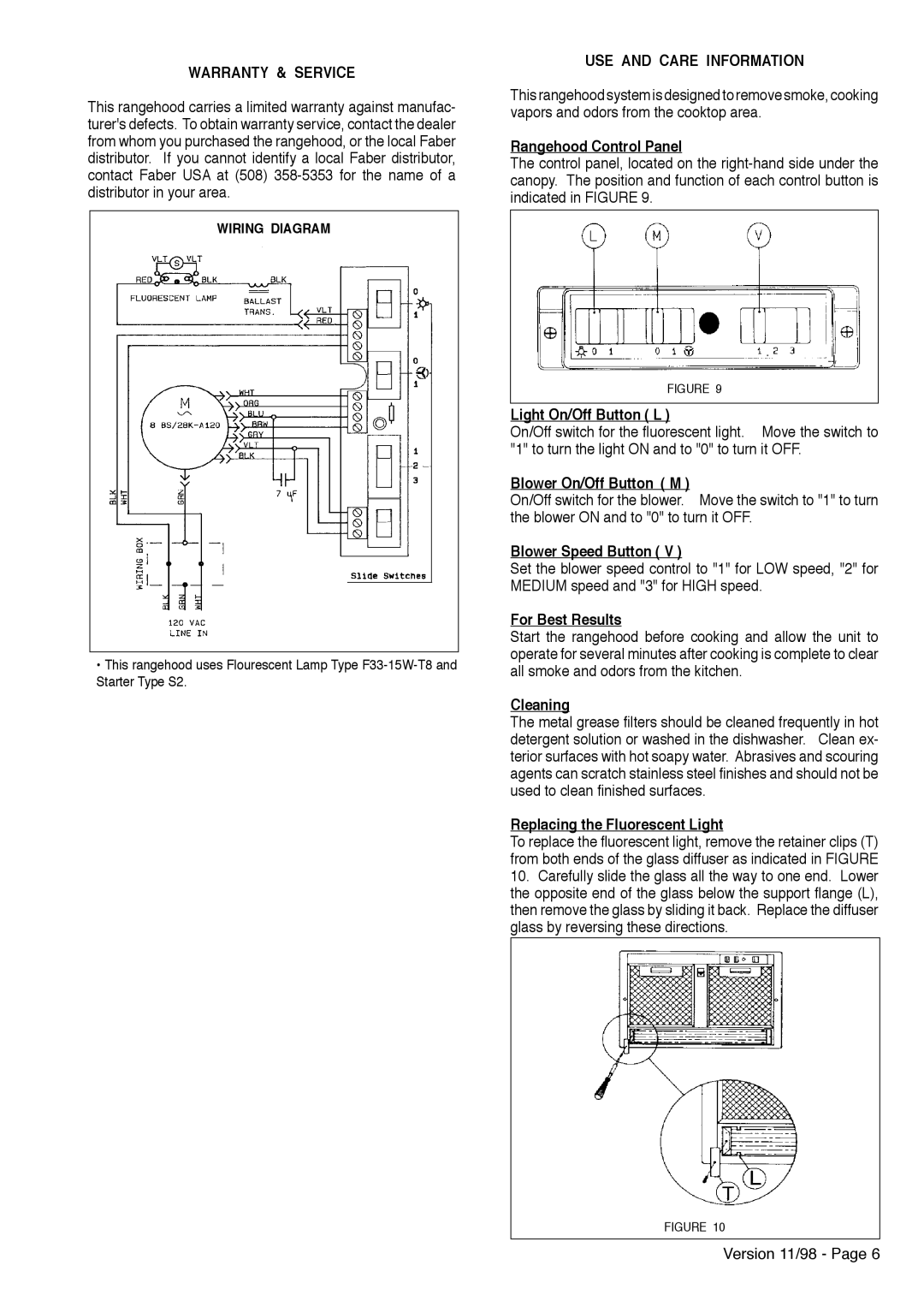 Faber INCA installation instructions Warranty & Service, USE and Care Information 