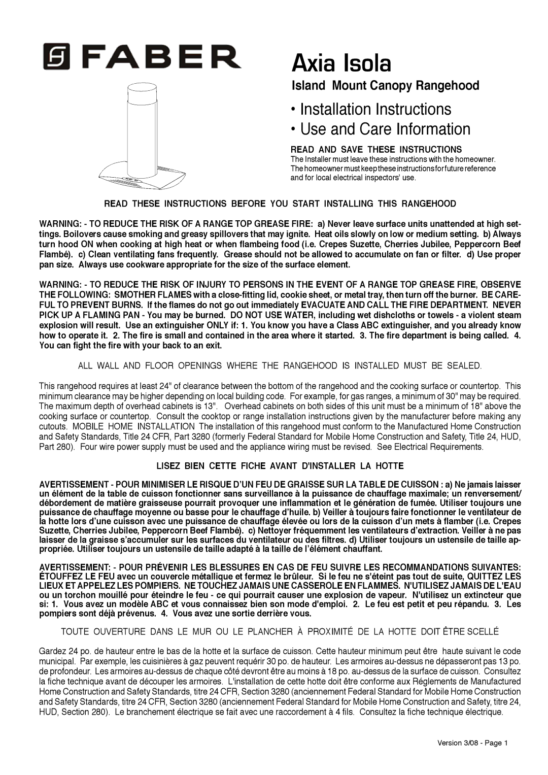 Faber Island Mount Canopy Rangehood installation instructions Read and Save These Instructions 