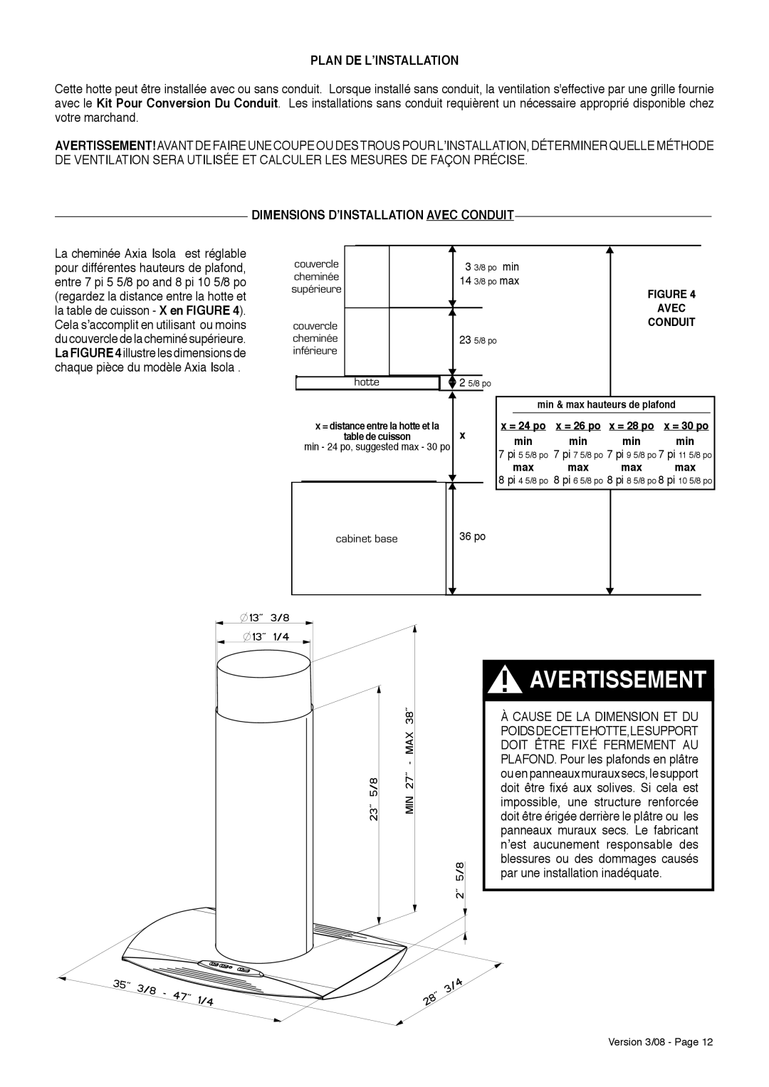 Faber Island Mount Canopy Rangehood Plan DE L’INSTALLATION, Dimensions d’installatioN Avec Conduit 