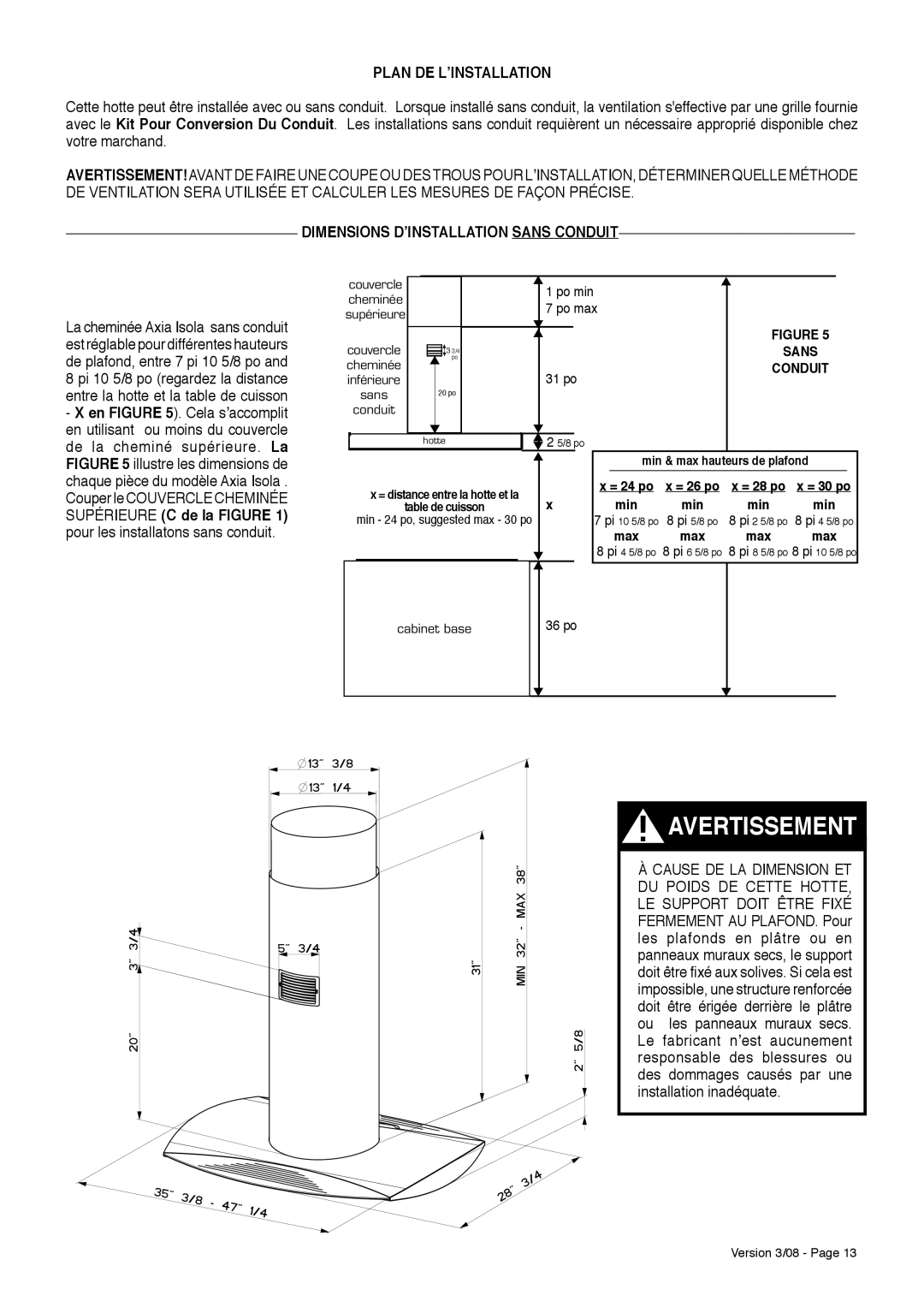 Faber Island Mount Canopy Rangehood installation instructions Dimensions d’installatioN Sans Conduit, 31 po 