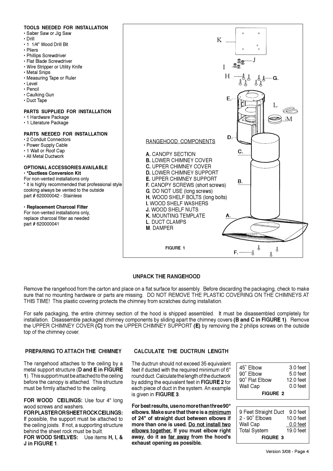 Faber Island Mount Canopy Rangehood Unpack the Rangehood, Preparing to Attach the Chimney, Calculate the Ductrun Length 