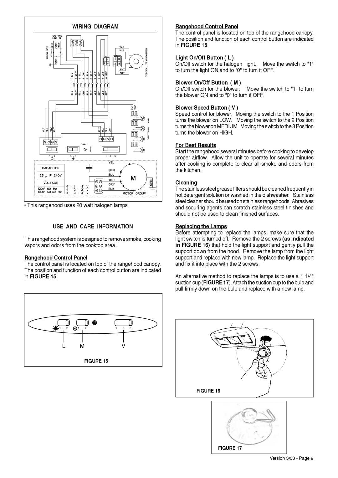 Faber Island Mount Canopy Rangehood installation instructions Wiring Diagram, USE and Care Information 