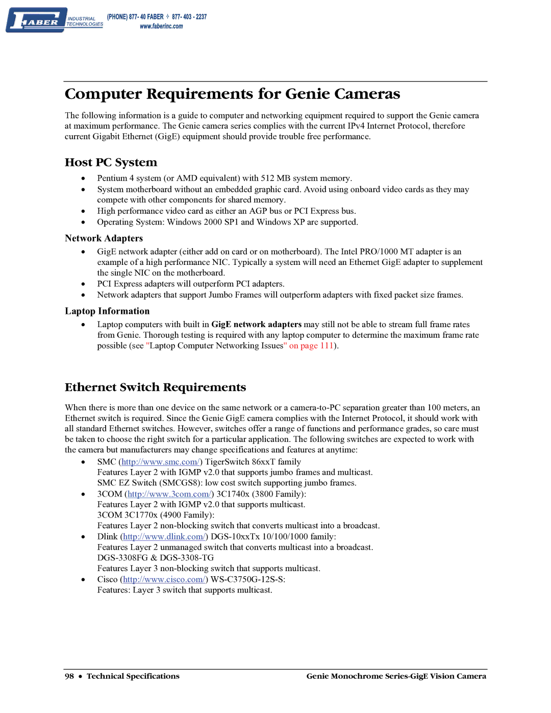 Faber M640, M1600, M1024, M1400 Computer Requirements for Genie Cameras, Host PC System, Ethernet Switch Requirements 