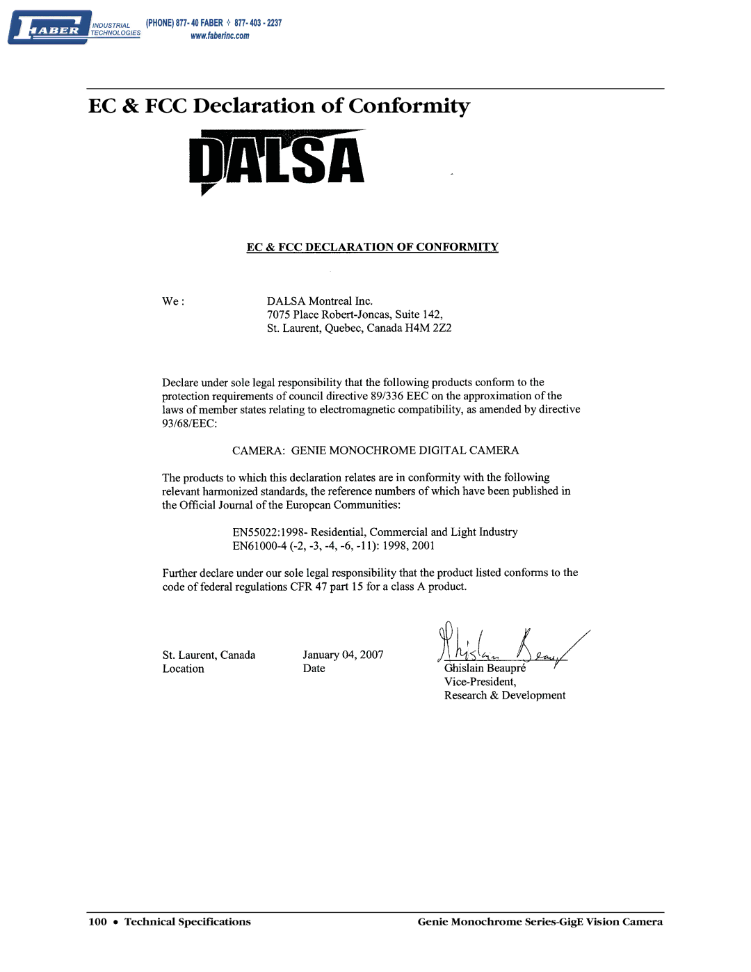 Faber M1024, M640, M1600, M1400 user manual EC & FCC Declaration of Conformity 