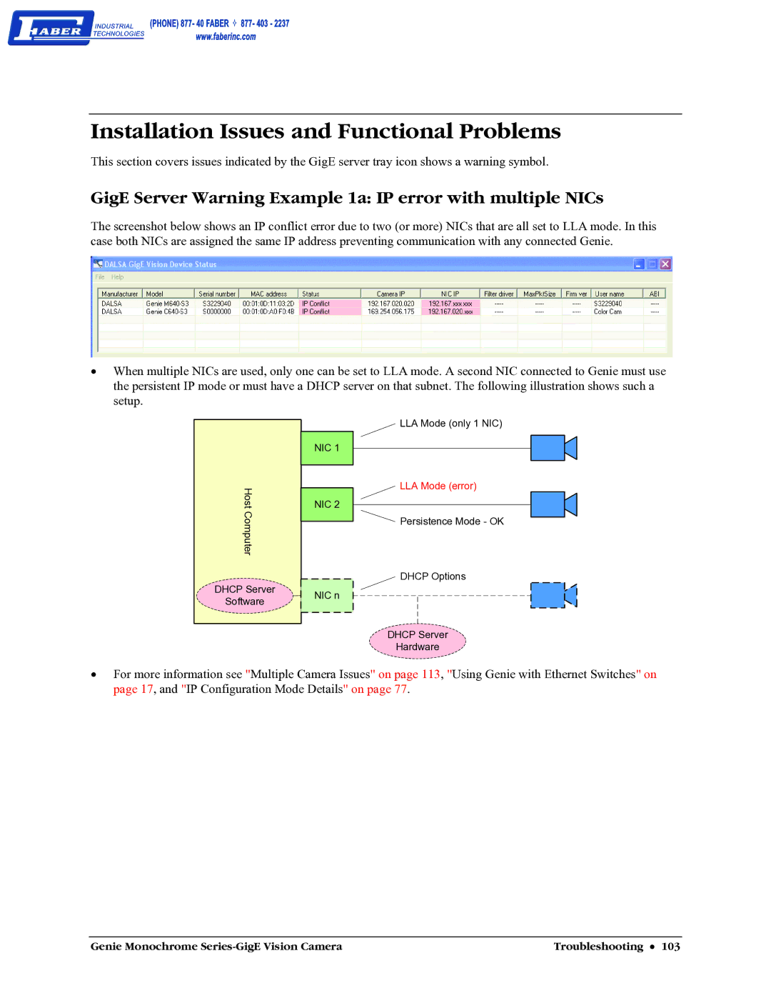 Faber M1600, M640 Installation Issues and Functional Problems, GigE Server Warning Example 1a IP error with multiple NICs 